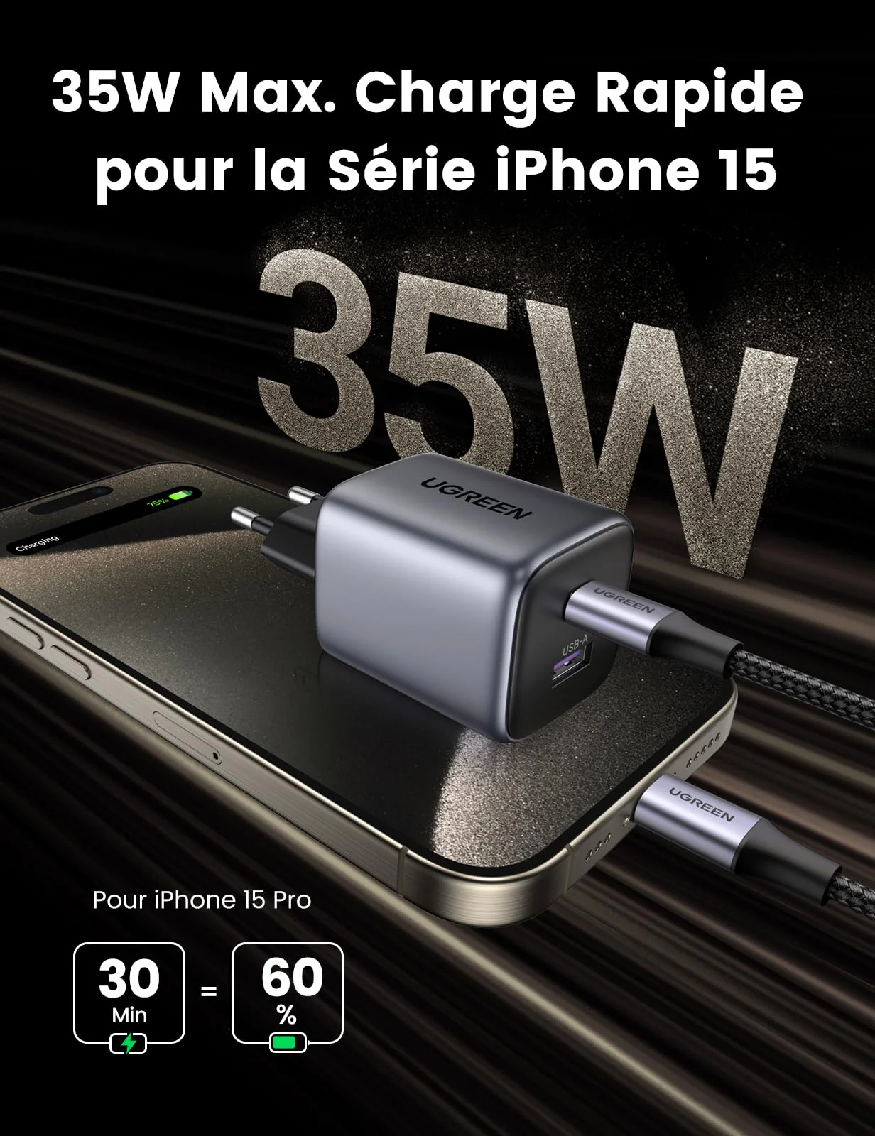 UGREEN Nexode 35W GaN Chargeur USB C Rapide avec Double Prise USB C et USB A - Image 2