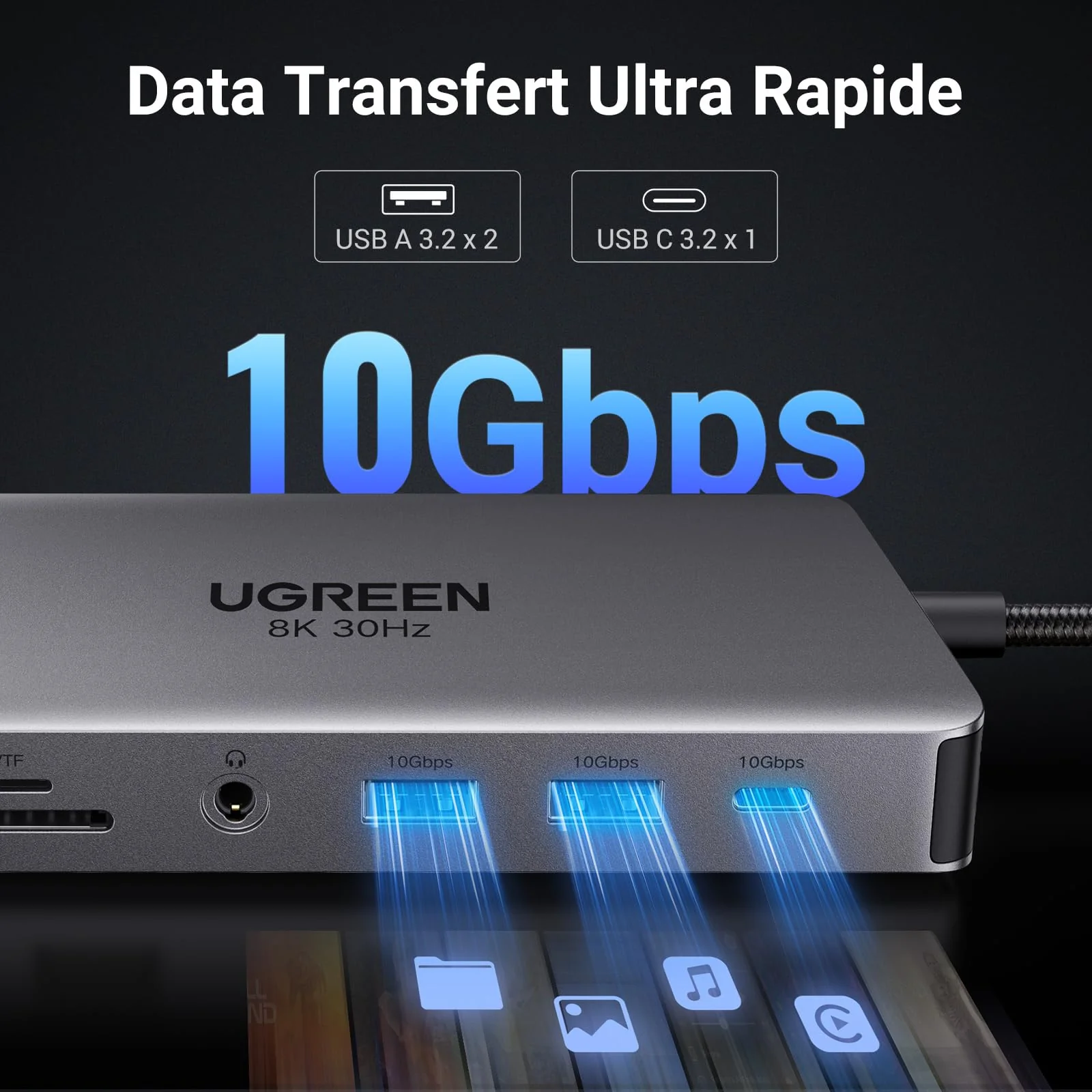 UGREEN Revodok Pro 211 Docking Station USB C 11 en 1 Double HDMI 8K30Hz USB 3.2 10Gbps avec Ethernet RJ45 Hub Adaptateur USB C - Image 3