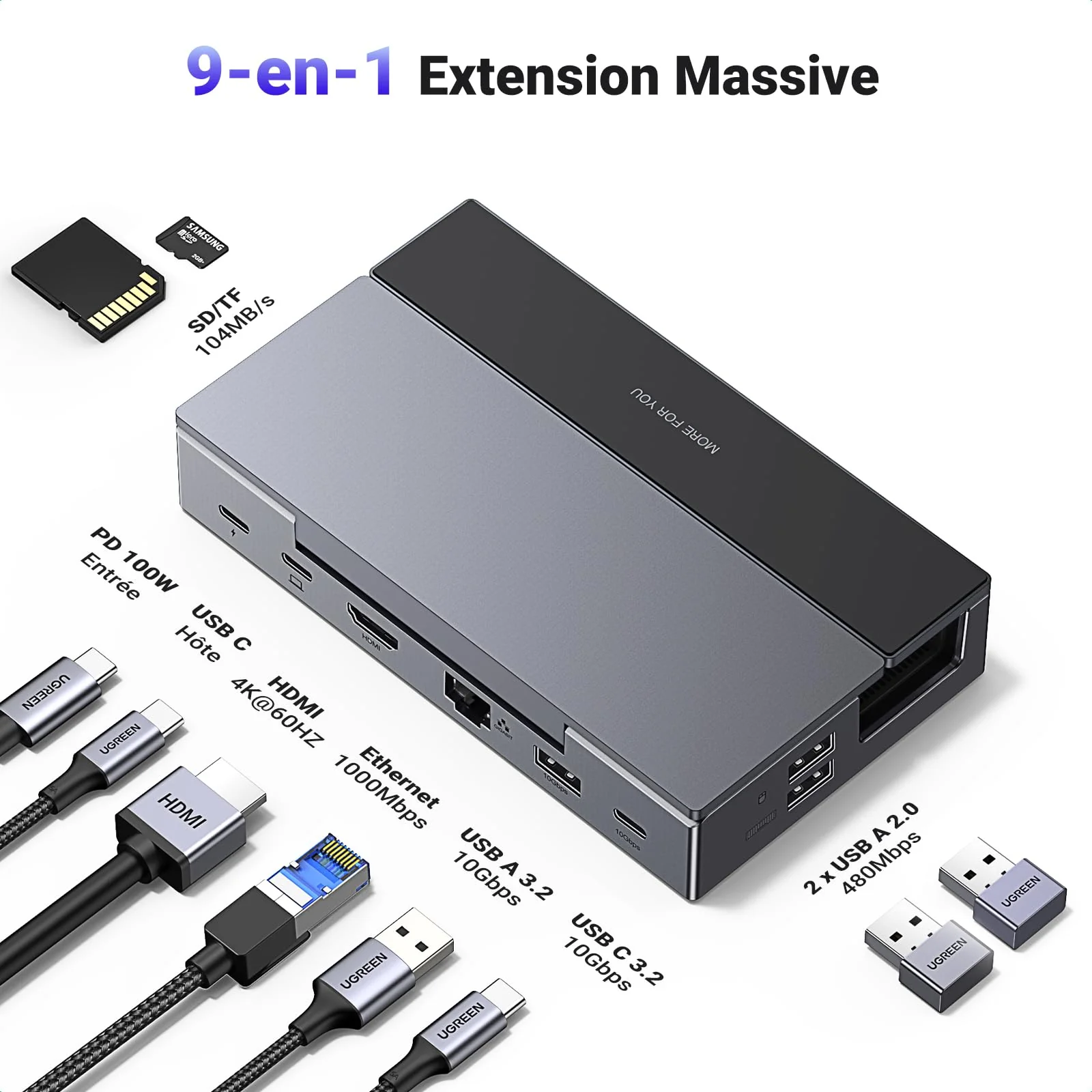 UGREEN Docking Station 9 en 1 Stem Dock USB C ( HDMI 4K60Hz 10Gbps PD 100W ) - Image 2