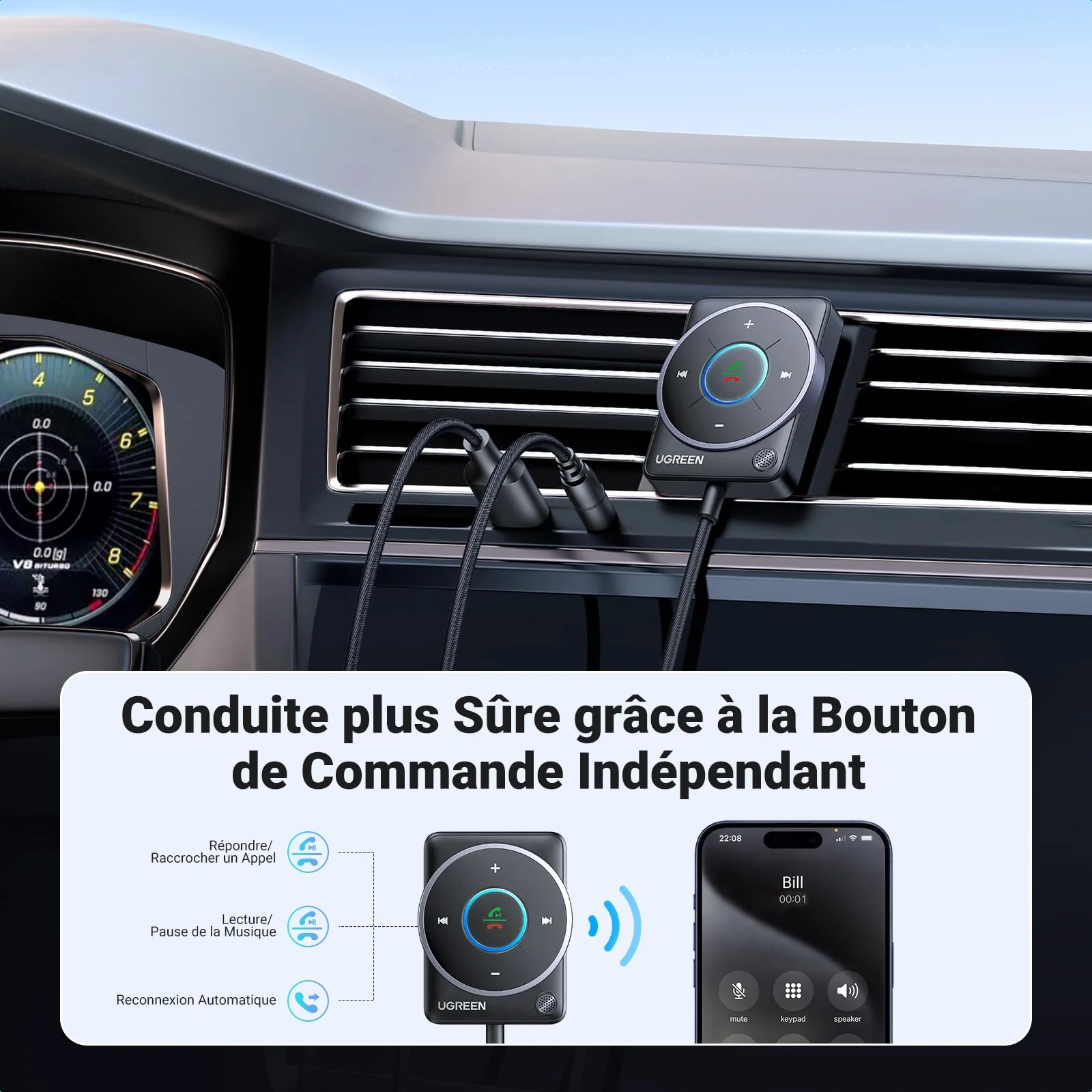 UGREEN Récepteur Bluetooth 5.4 Voiture Adaptateur Bluetooth Jack 3.5mm - Image 3