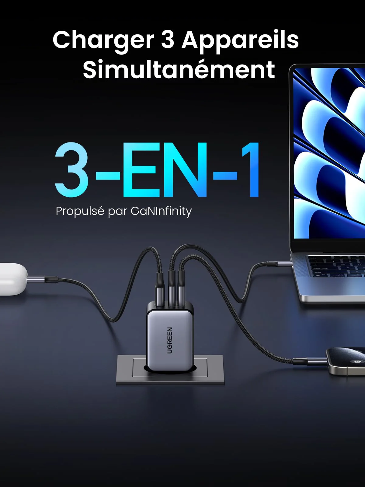UGREEN Nexode X 65W Chargeur Rapide USB-C à 3 Ports - Image 3