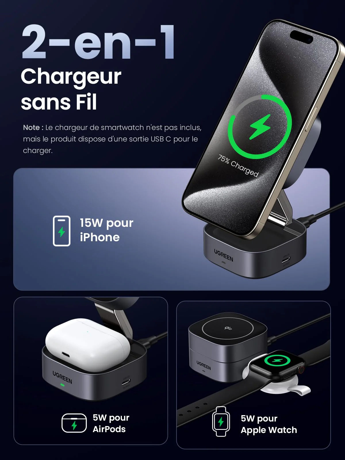 UGREEN MagFlow Chargeur Sans Fil 2-en-1 (Qi2 15W, Compatible MagSafe, Pliable) - Image 4