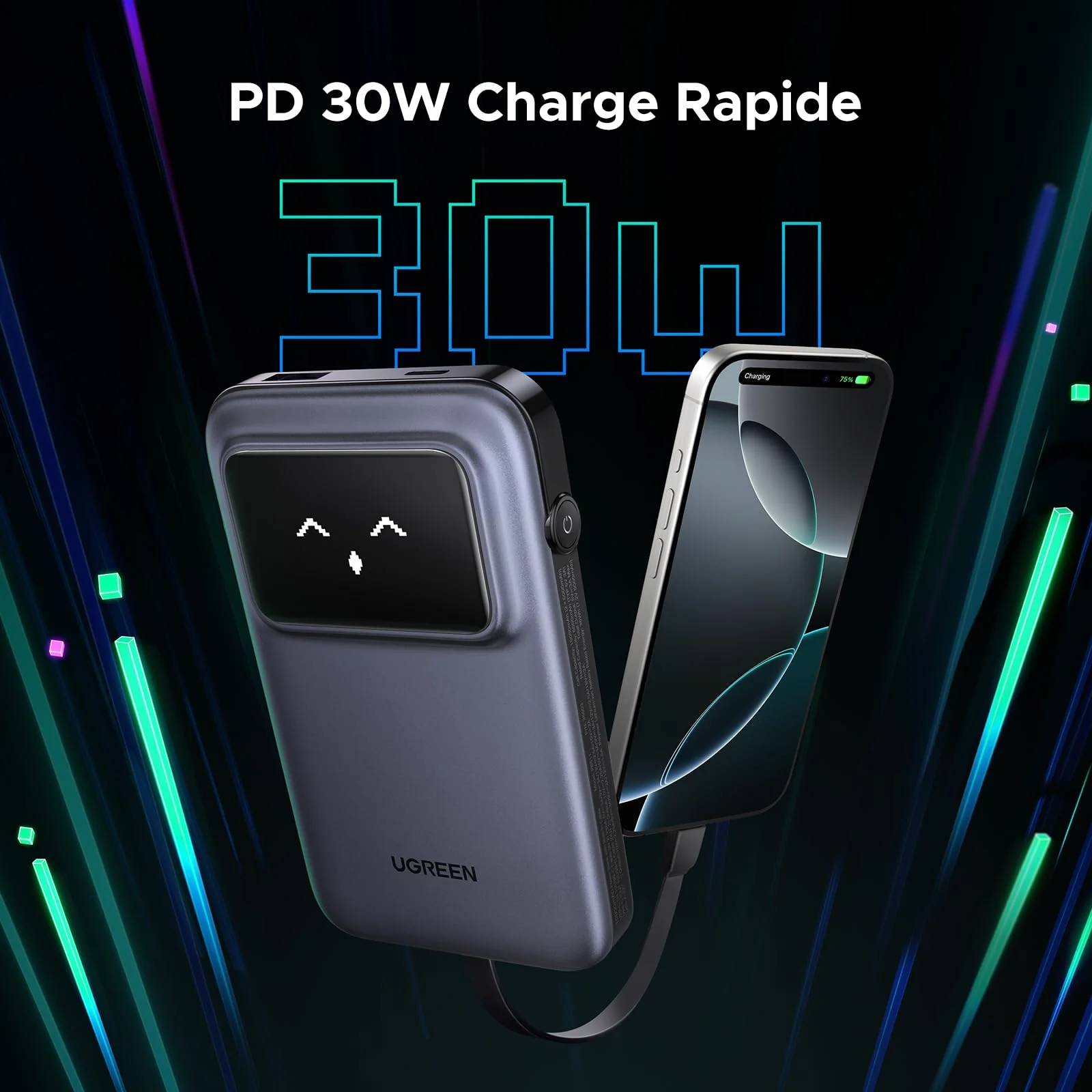 UGREEN Uno Batterie Externe 10000mAh avec Câble USB C PD 30W Emoji Affichage Intelligent - Image 2