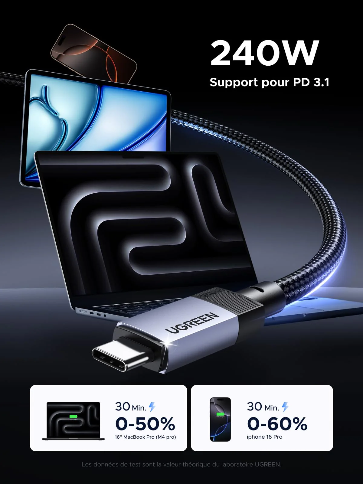 UGREEN 240W 1M Câble USB C PD 3.1 Charge Rapide USB 3.2 Gen2 Vidéo 4K 60Hz Data Sync à 10Gbps Compatible avec MacBook Pro Air M4 Ordinateur Portable iPhone 17 Pro Max Air Galaxy S25 Plus Ultra iPad - Image 2