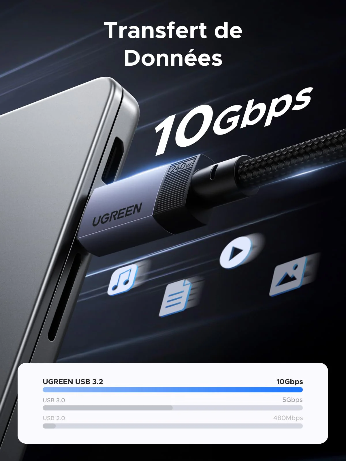 UGREEN 240W 1M Câble USB C PD 3.1 Charge Rapide USB 3.2 Gen2 Vidéo 4K 60Hz Data Sync à 10Gbps Compatible avec MacBook Pro Air M4 Ordinateur Portable iPhone 17 Pro Max Air Galaxy S25 Plus Ultra iPad - Image 3