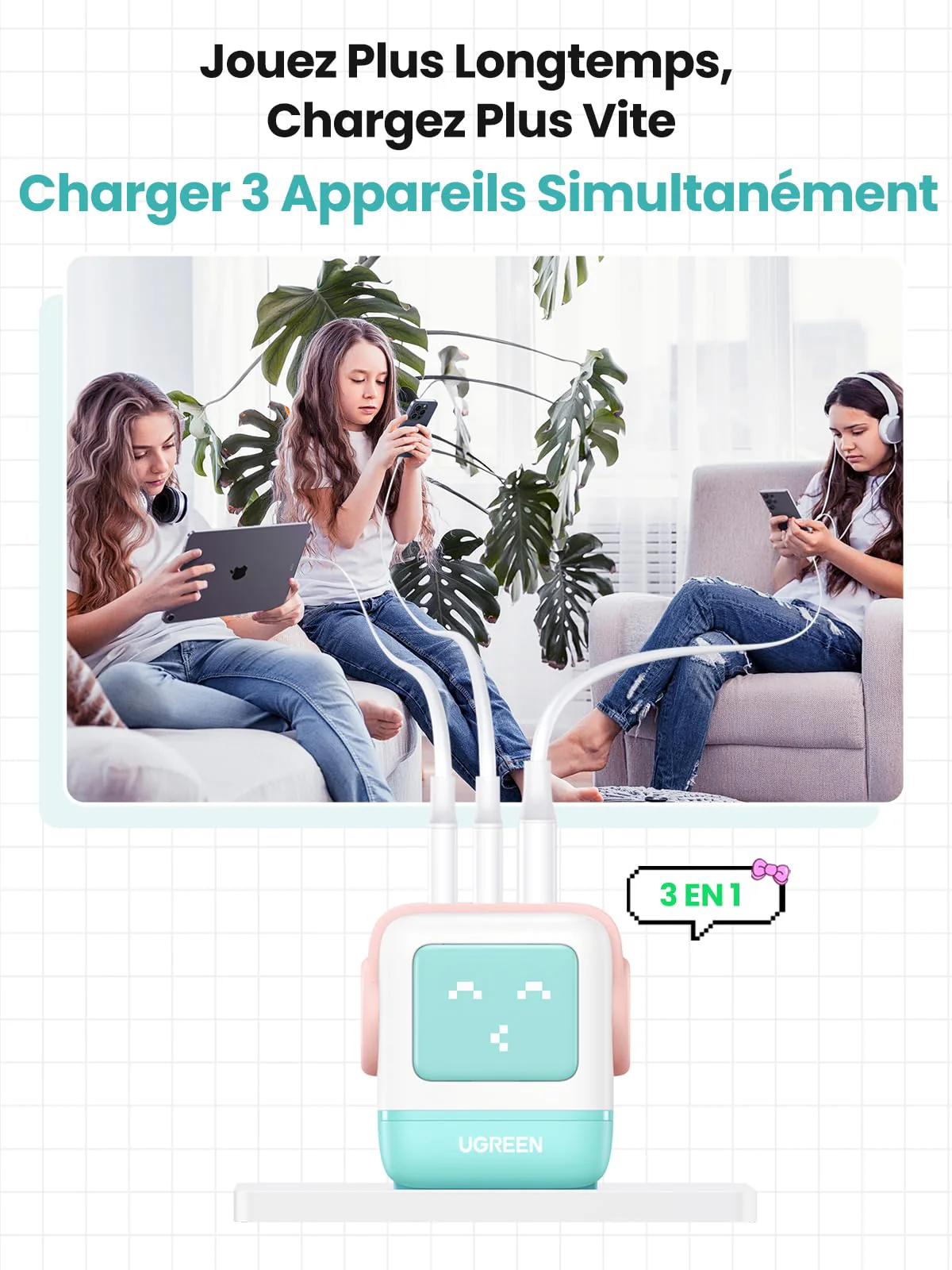 UGREEN Uno Chargeur 65W Chargeur USB C Rapide 3 Ports (Bleu Rosé) - Image 3