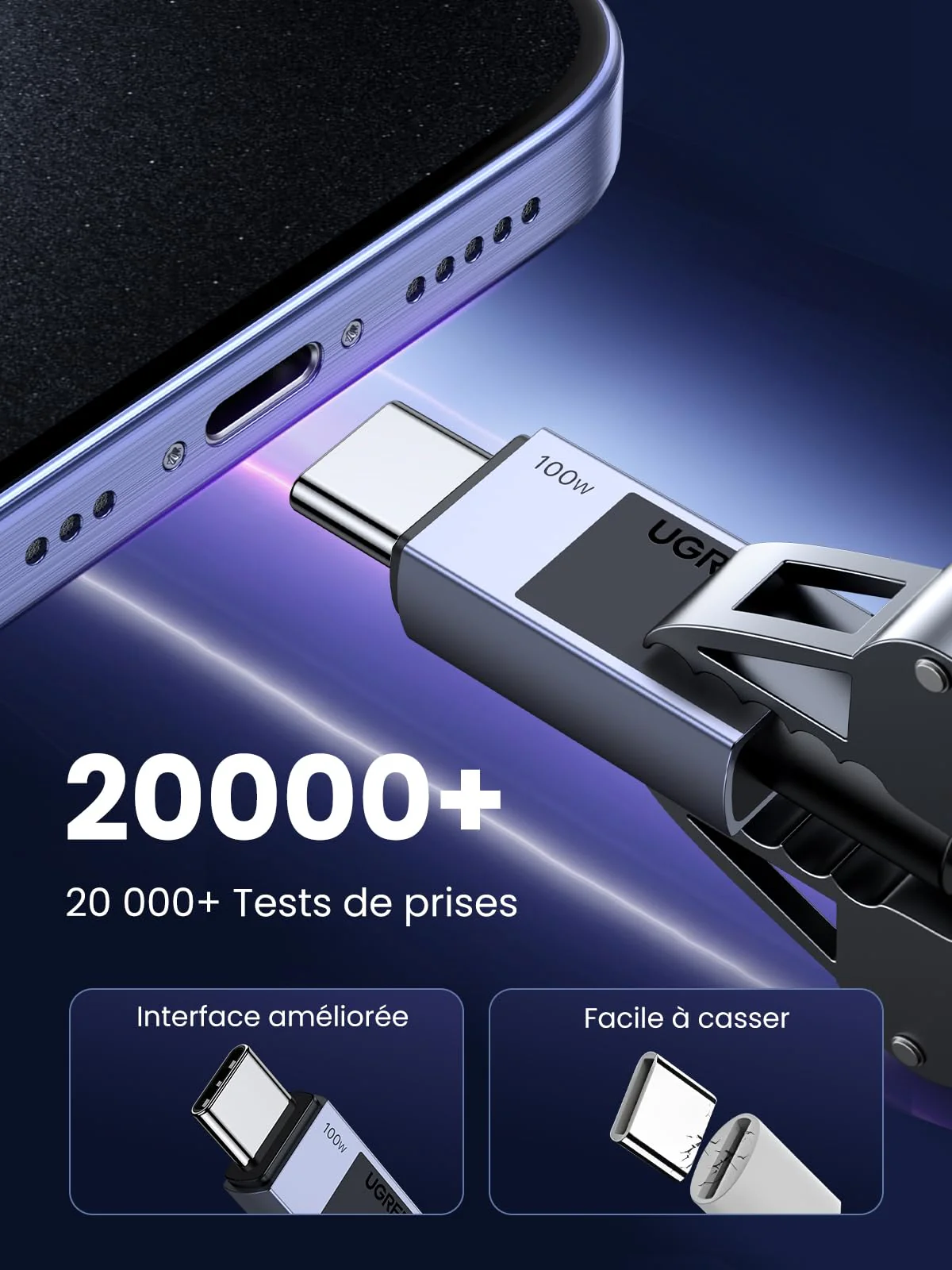 UGREEN Câble USB C PD 100W 20V 5A Charge Rapide QC 4.0 Chargeur Type C (0.5M) - Image 5