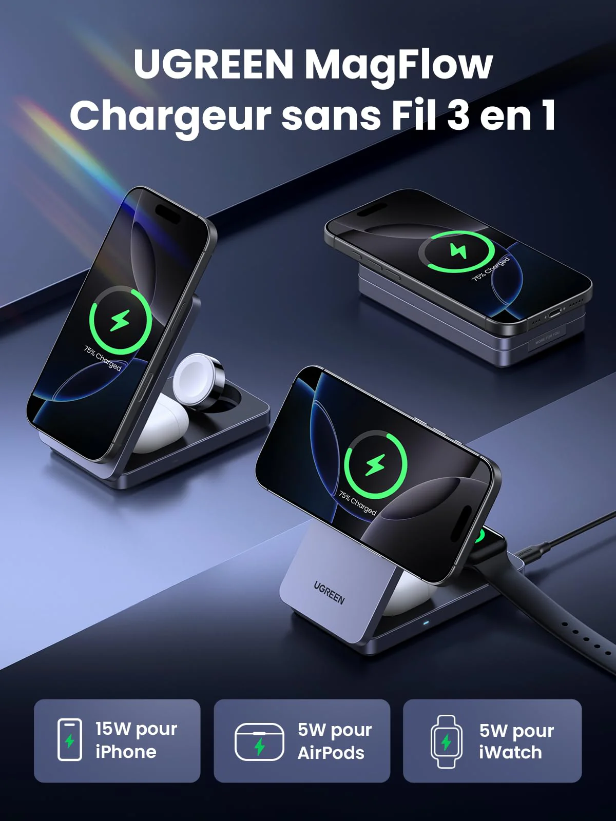 UGREEN MagFlow Chargeur Sans Fil 3-en-1 (Qi2 15W, Pliable, Compatible MagSafe) - Image 3
