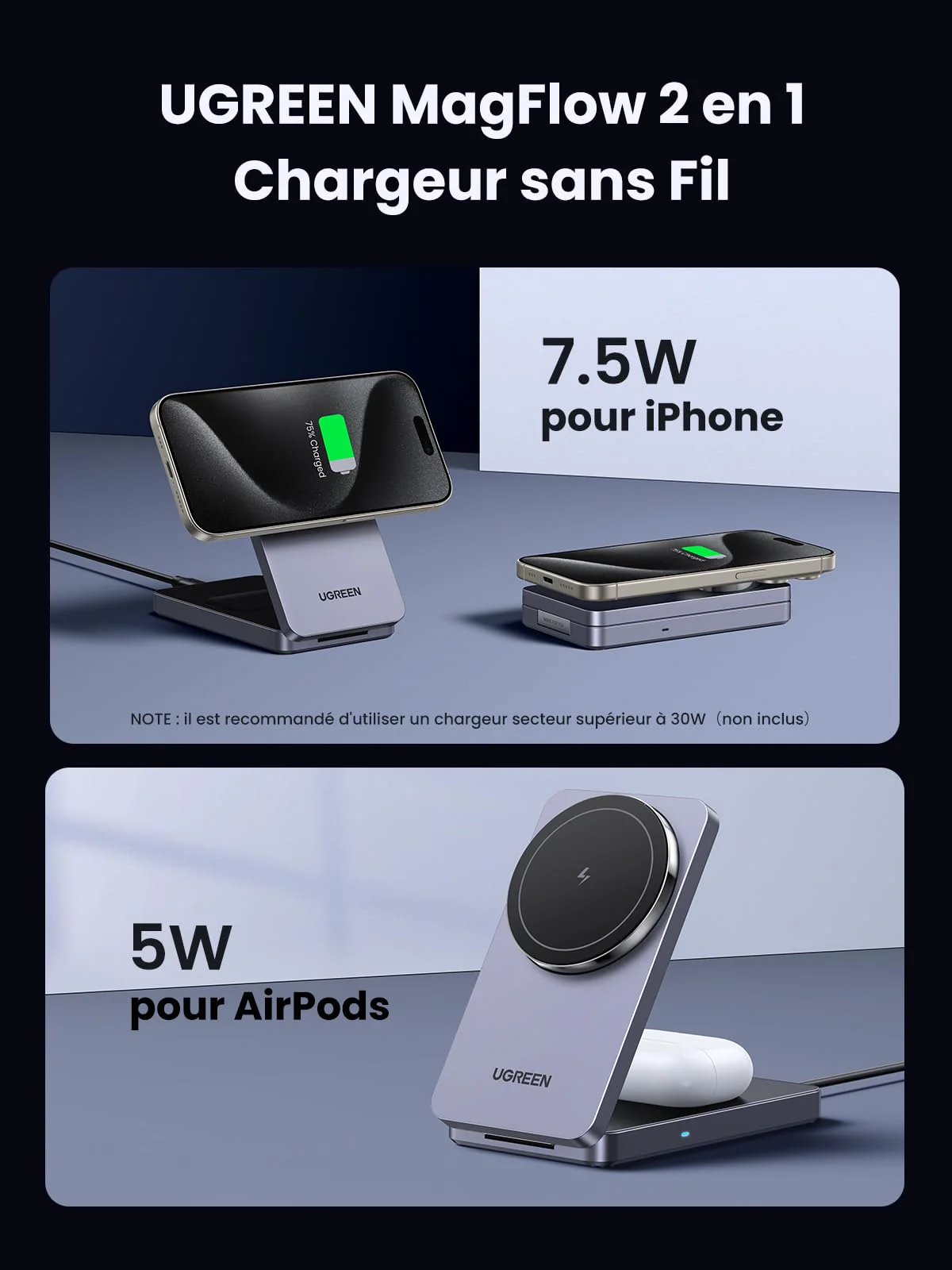 UGREEN MagFlow 2 en 1 Chargeur Induction iPhone Qi Pliable Compatible avec MagSafe - Image 2