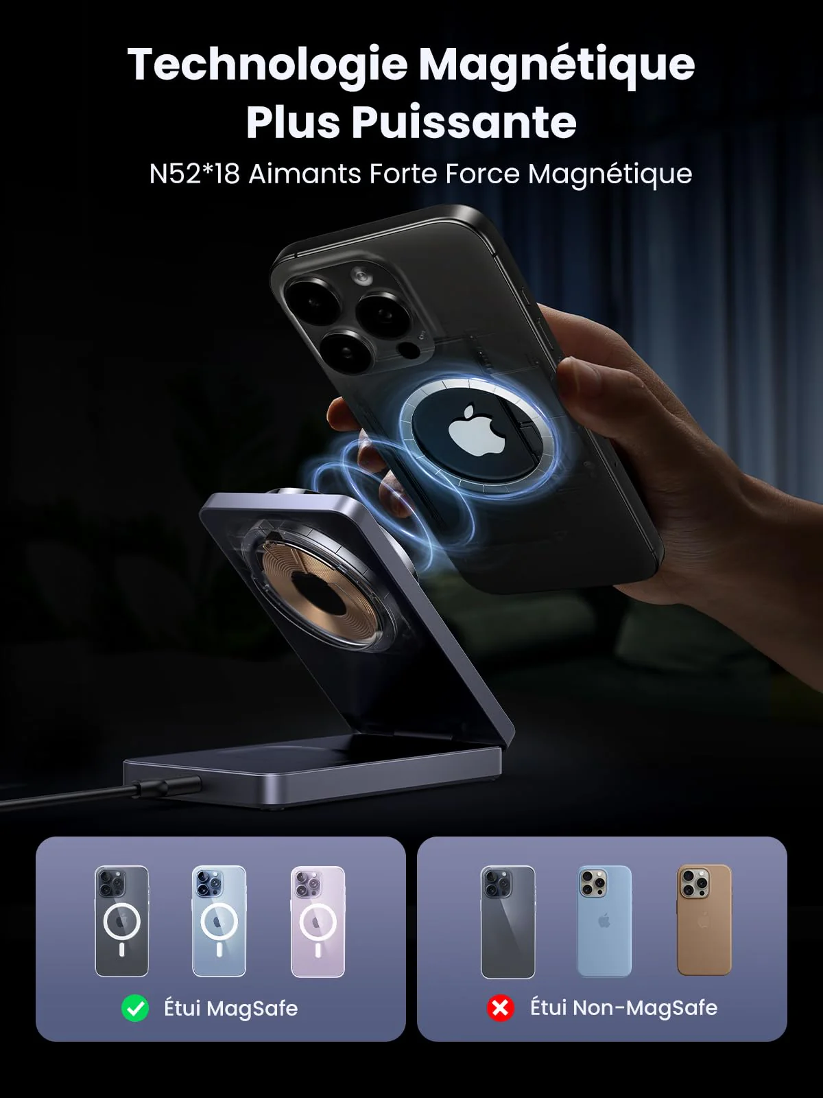 UGREEN MagFlow 2 en 1 Chargeur Induction iPhone Qi Pliable Compatible avec MagSafe - Image 5