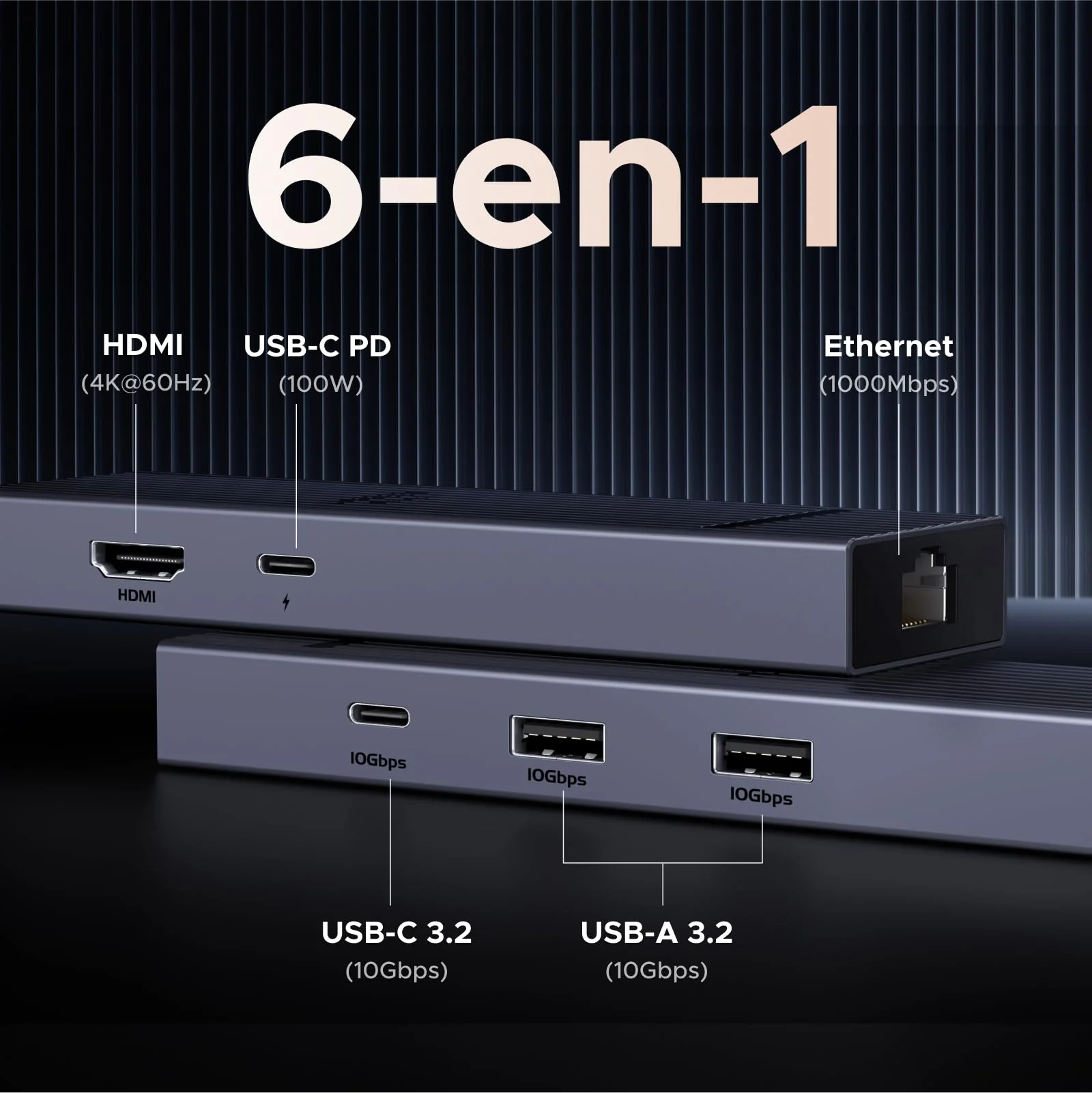 UGREEN Revodok Pro 1061 Hub USB-C 6-en-1 (10Gbps, 4K@60Hz, PD100W) - Image 2