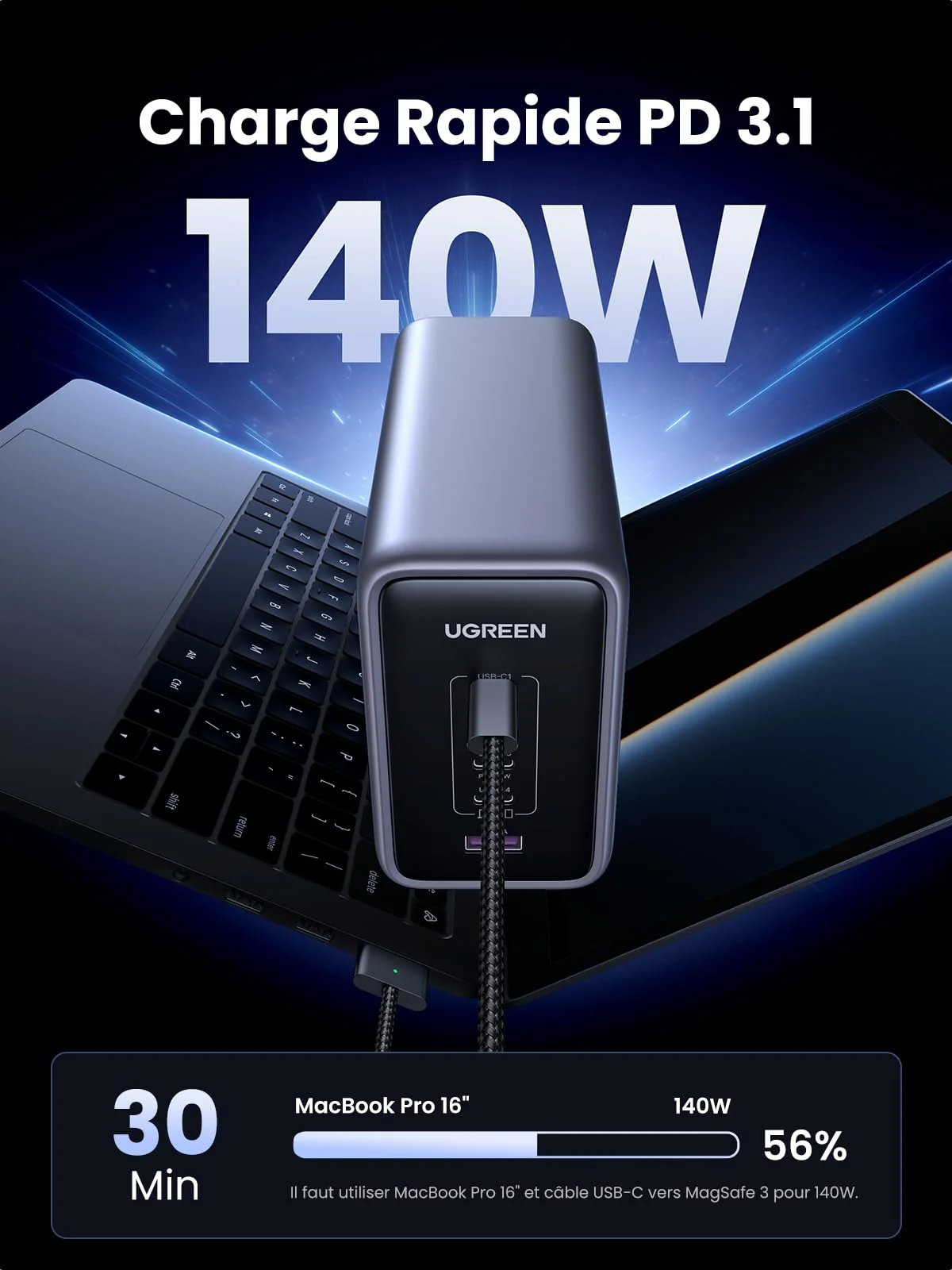 UGREEN 300W Nexode USB C Chargeur Station PD 3.1 140W Charge Rapide Prise Secteur Bureau GaN Tech - Image 3