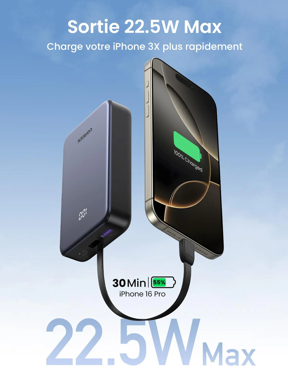 UGREEN Batterie Externe 20000mAh 22.5Wavec Câble USB C Intégré - Image 4