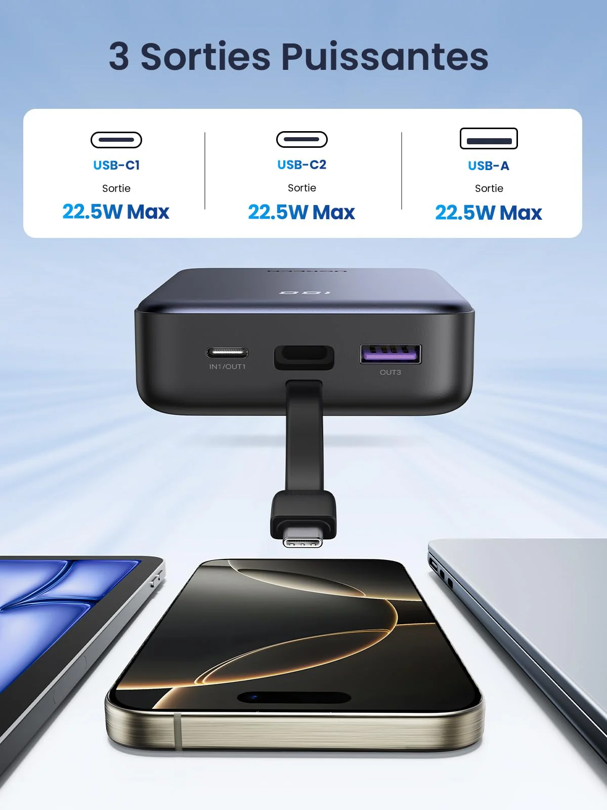 UGREEN Batterie Externe 20000mAh 22.5Wavec Câble USB C Intégré - Image 6