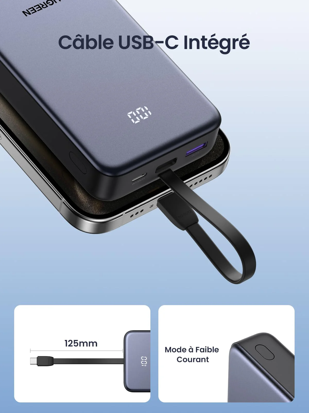 UGREEN Batterie Externe 20000mAh 22.5Wavec Câble USB C Intégré - Image 9