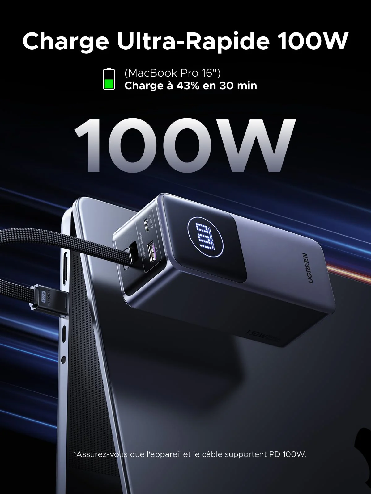 UGREEN Nexode 130W Batterie Externe 20000mAh Câble USB C Intégré 100W 2 Ports Power Bank Portable Charge Rapide PD 3.0 Compatible avec iPhone 17 16 15 14 Air Plus Pro Max Galaxy S25 S24 MacBook iPad - Image 2