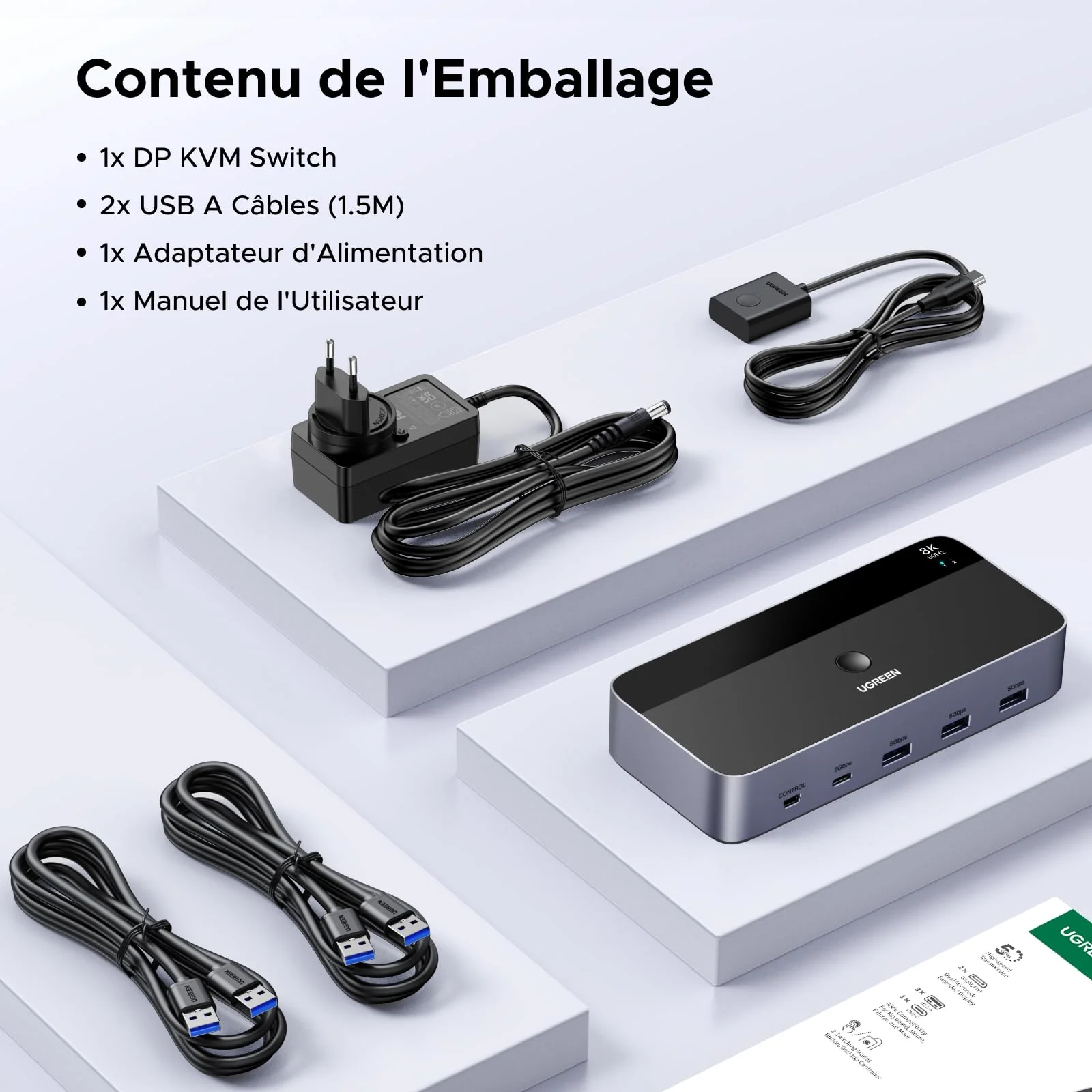 UGREEN Switch KVM DisplayPort 2 Entrées 2 Sorties 8K 60Hz 4K 240Hz Double Affichage Commutateur KVM avec 4 Ports USB 3A1C 5Gbps pour Clavier Souris Disque Dur Contrôleur de Bureau Câbles USB Inclus - Image 8