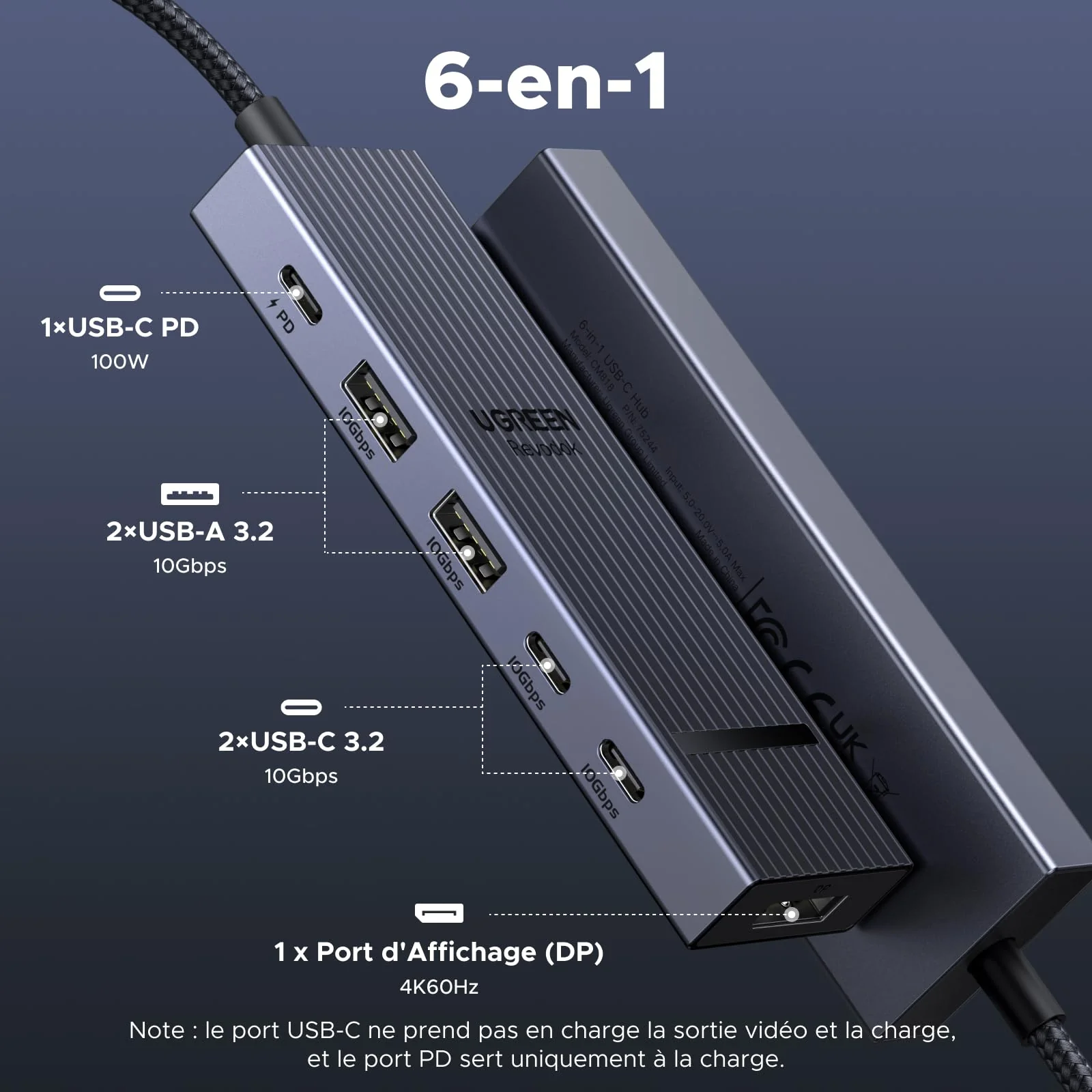 UGREEN Revodok Pro 1062 Hub USB C DisplayPort 4K 60Hz 4 Data Ports 2A2C 10Gbps PD 100W 6 en 1 Dock USB C DP Compatible avec MacBook iPad Air Mac Mini M4 iPhone 17 Pro Max 16 15 Série Galaxy S25 Ultra - Image 2