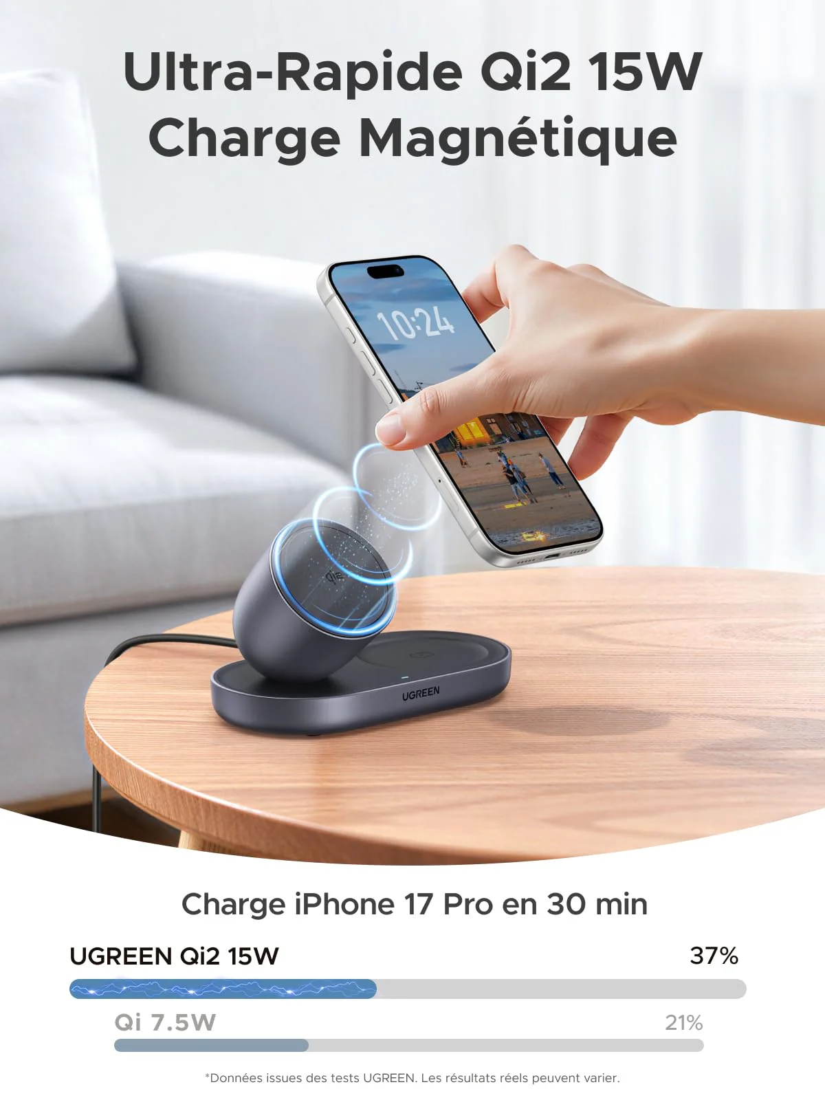 UGREEN MagFlow Qi2 15W Chargeur Induction iPhone 2 en 1 Certifié Ergonomique Compatible avec MagSafe iPhone 17 16 15 14 13 12 Air Plus Pro Max AirPods 4 3 Pro 3 2 1 Chargeur sans Fil Magnétique - Image 2