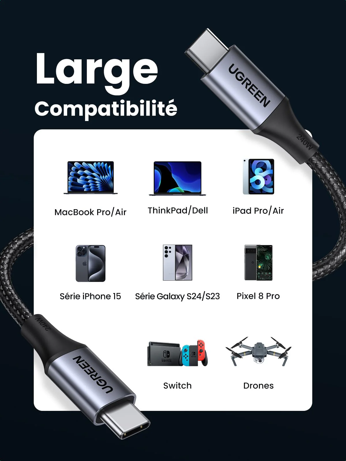UGREEN Câble 240W USB C vers USB C PD 3.1 USB C Charge Ultra Rapide Nylon Tressé (2M) - Image 4
