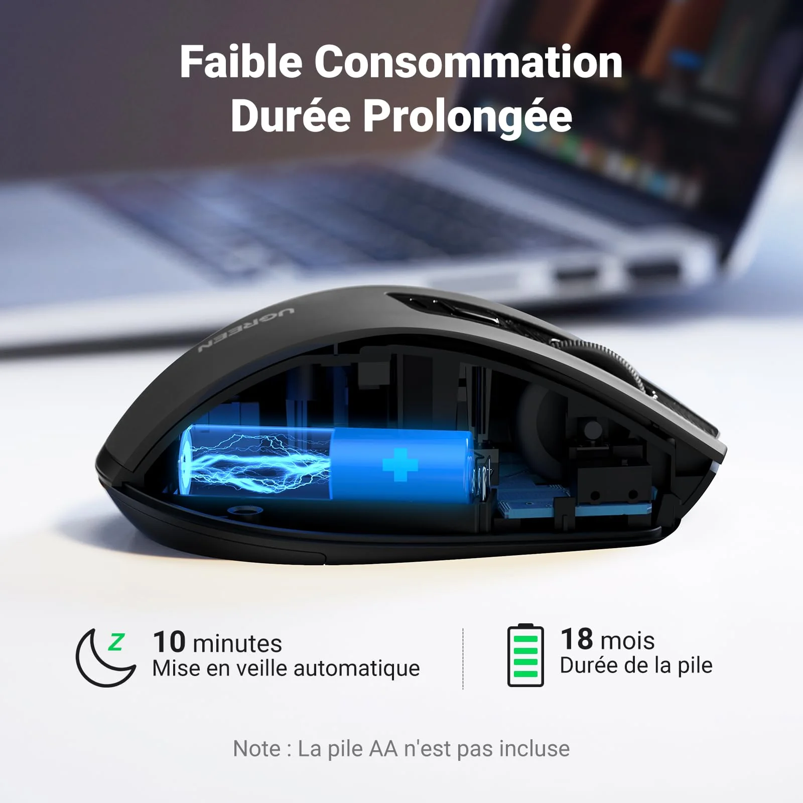 UGREEN Souris sans Fil Ergonomique Silencieuse 2 4GHz 4000 DPI Optique Réglable (Noir) - Image 6