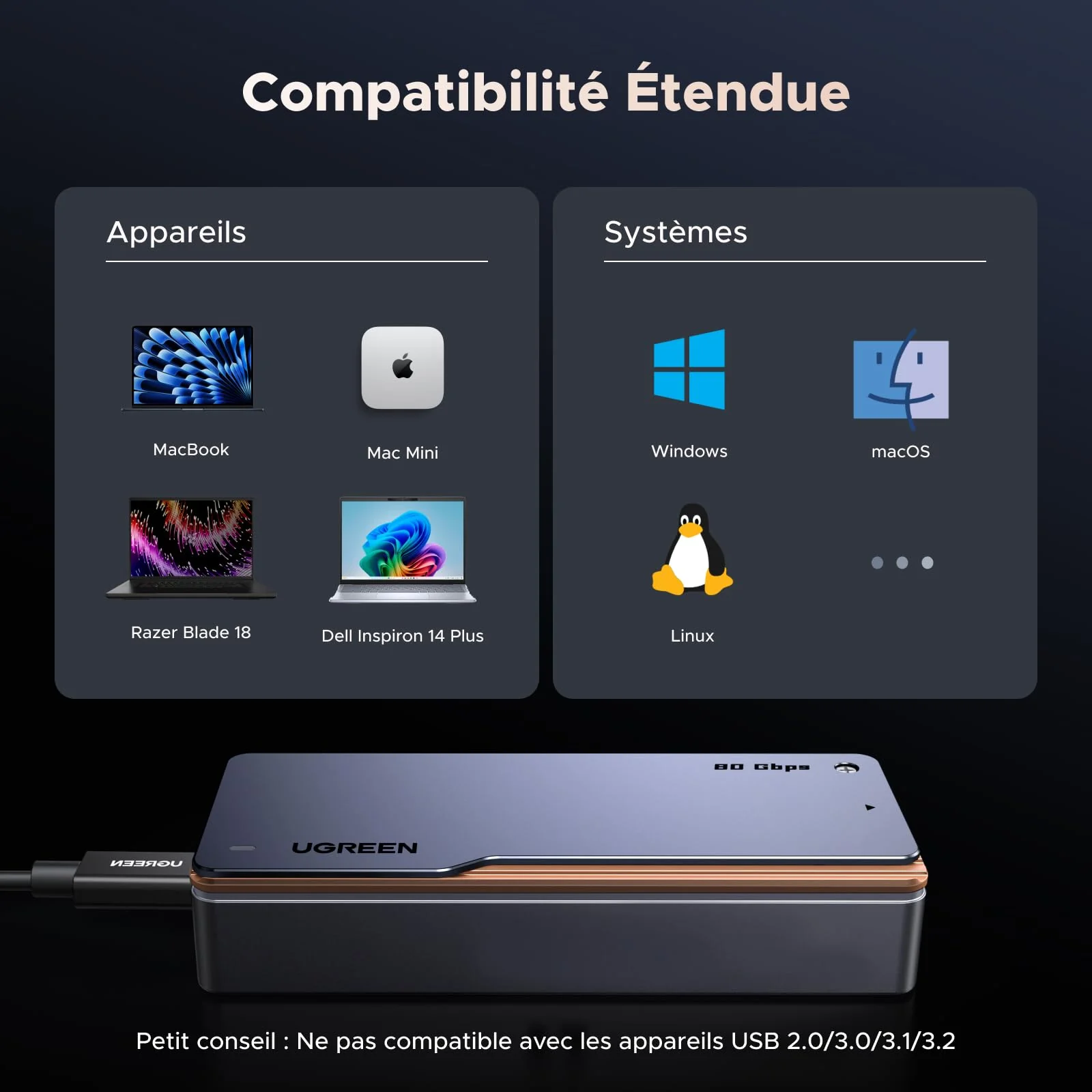 UGREEN Boîtier M.2 NVMe SSD USB4 80Gbps Compatible Thunderbolt 5/4 - Image 8