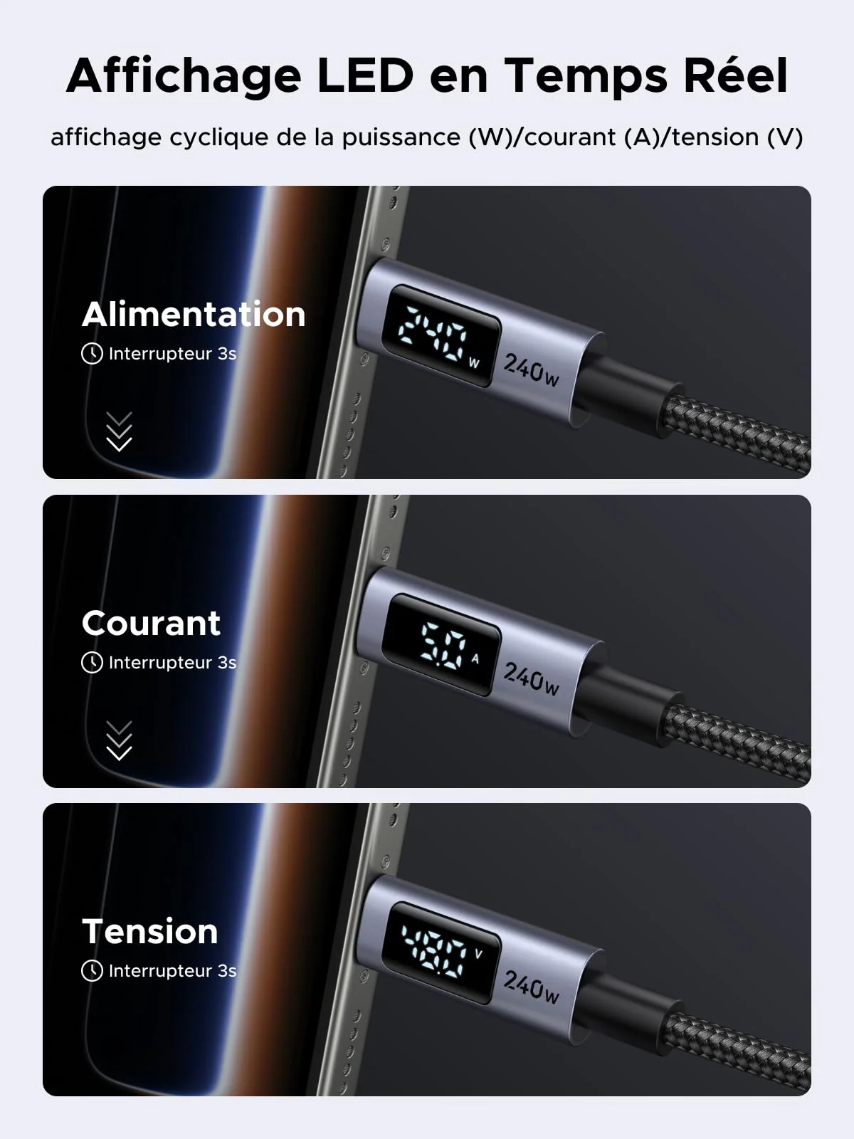 UGREEN Câble USB-C vers USB-C avec Écran LCD (PD 3.1 240W, 2 m) - Image 3