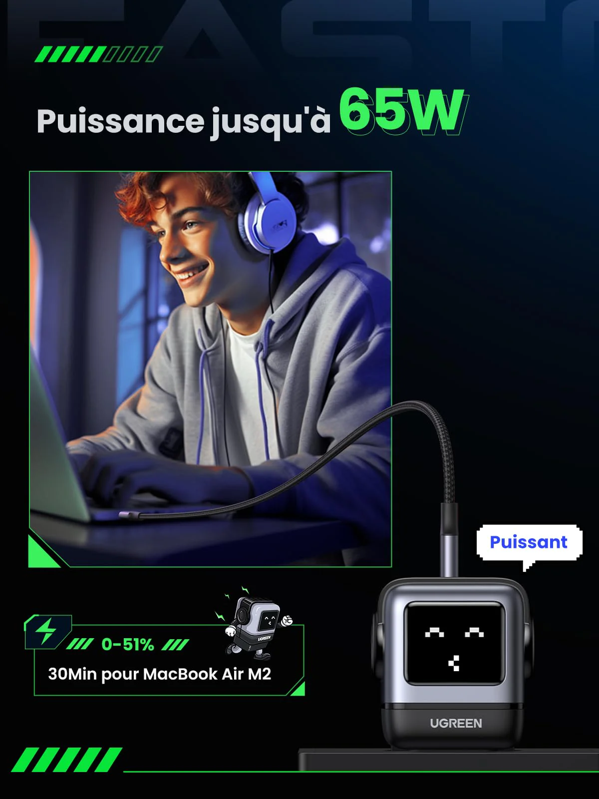 UGREEN Nexode Uno 65W Chargeur USB C Rapide 3 Ports (Noir) - Image 2