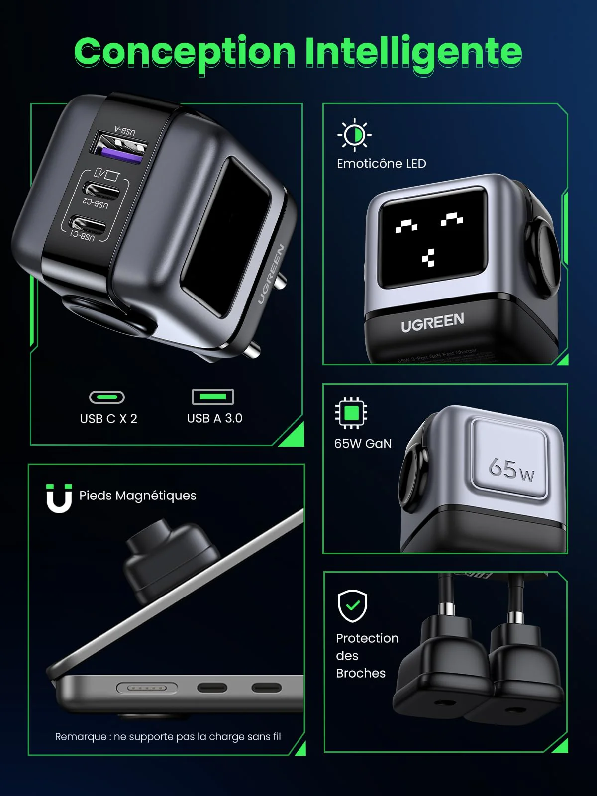 UGREEN Nexode Uno 65W Chargeur USB C Rapide 3 Ports (Noir) - Image 4