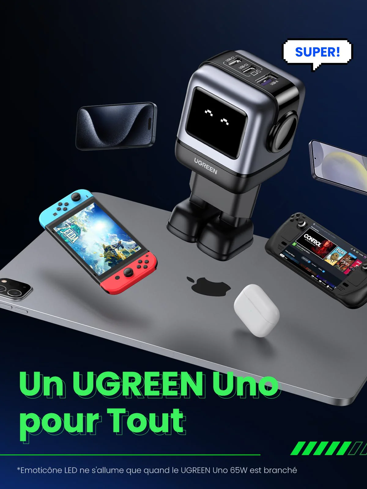 UGREEN Nexode Uno 65W Chargeur USB C Rapide 3 Ports (Noir) - Image 9