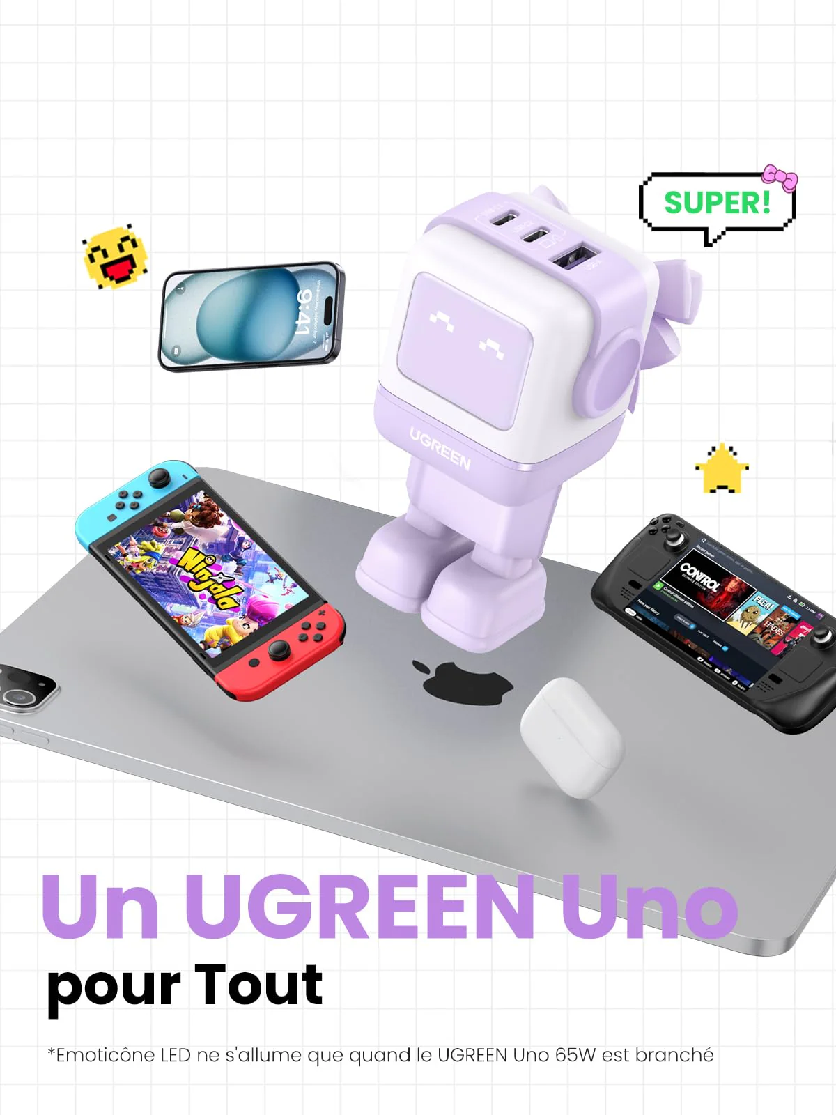 UGREEN Uno Chargeur 65W USB C Rapide 3 Ports (Violet) - Image 10