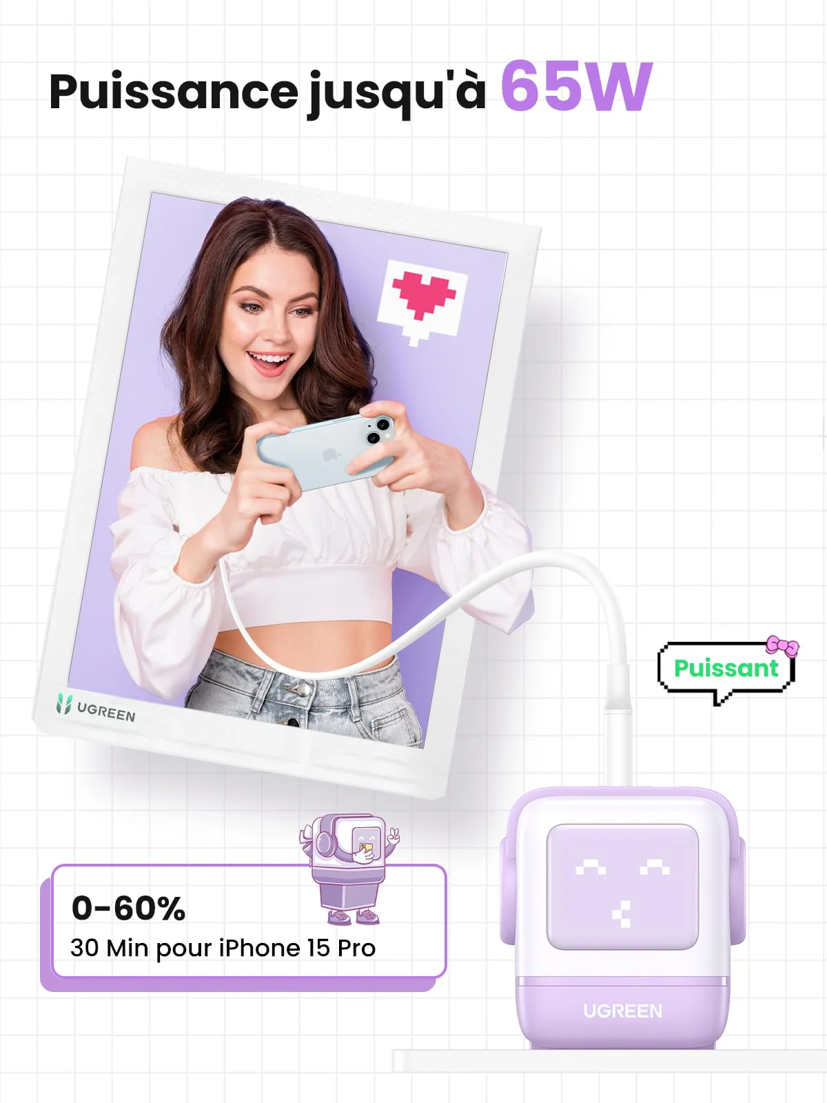UGREEN Uno Chargeur 65W USB C Rapide 3 Ports (Violet) - Image 3
