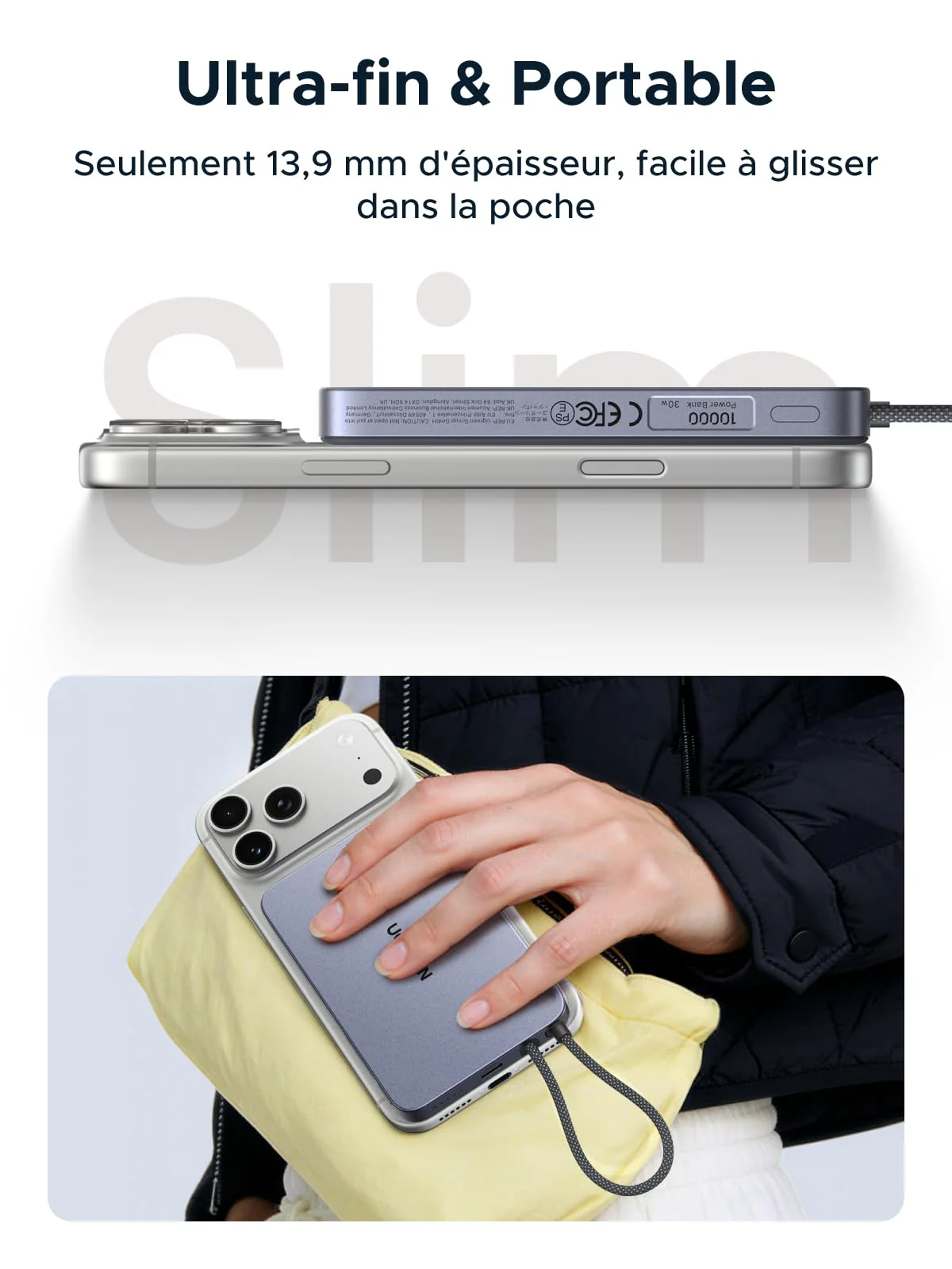 UGREEN MagFlow Air Batterie Externe Magnétique (10 000 mAh, Qi2 15 W, Câble USB-C Intégré) - Image 4