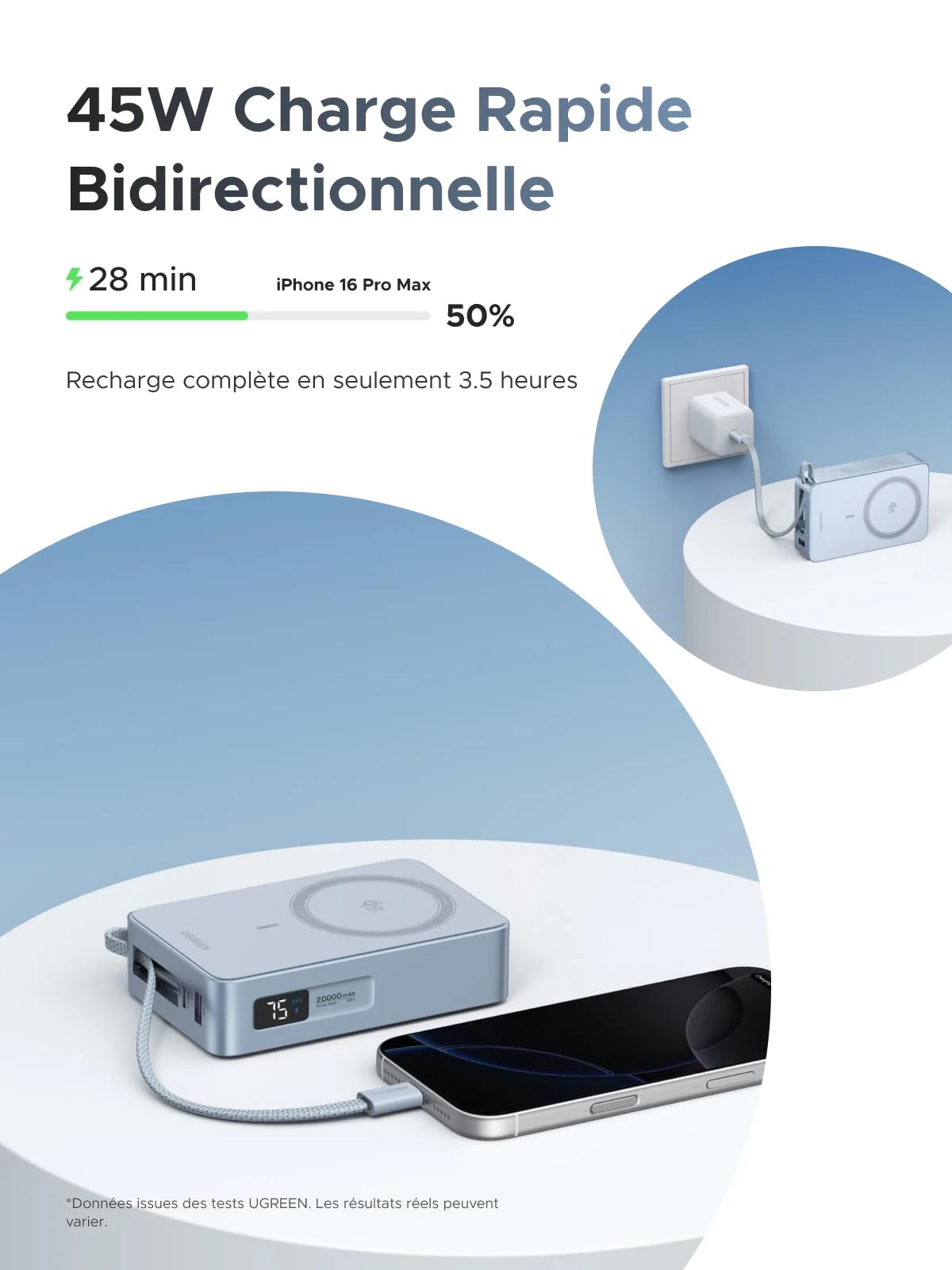 UGREEN MagFlow Batterie Externe Sans Fil Magnétique 20000 mAh 45 W (Compatible MagSafe) - Image 3