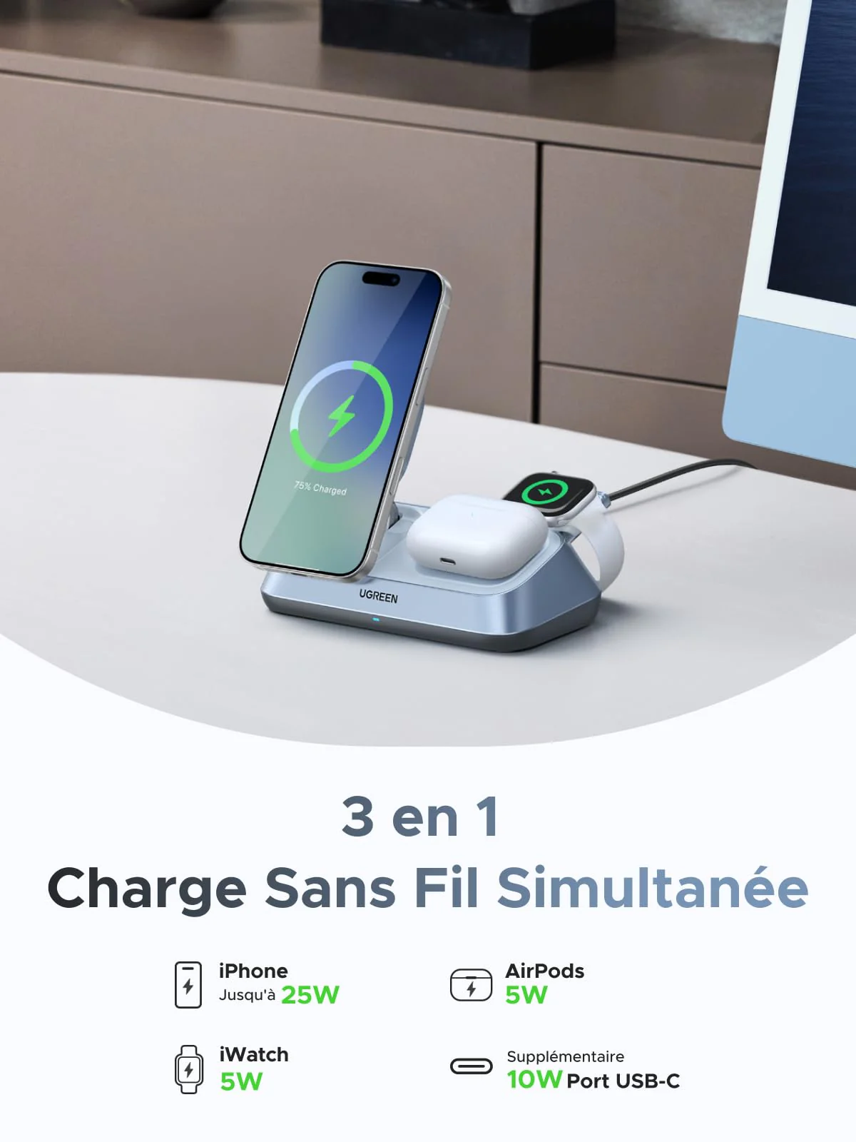 UGREEN MagFlow Chargeur sans fil magnétique 3-en-1 (Qi2 25 W, compatible MagSafe) - Image 3