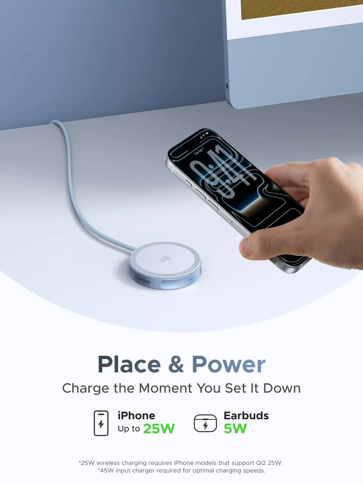 UGREEN MagFlow Qi2 25W Chargeur Induction iPhone Pad Certifié Compatible avec MagSafe iPhone 17 16 15 14 13 12 Air Plus Pro Max AirPods 4 3 Pro 3 2 1 avec Rallonge 1.5M Chargeur sans Fil Magnétique - Image 4