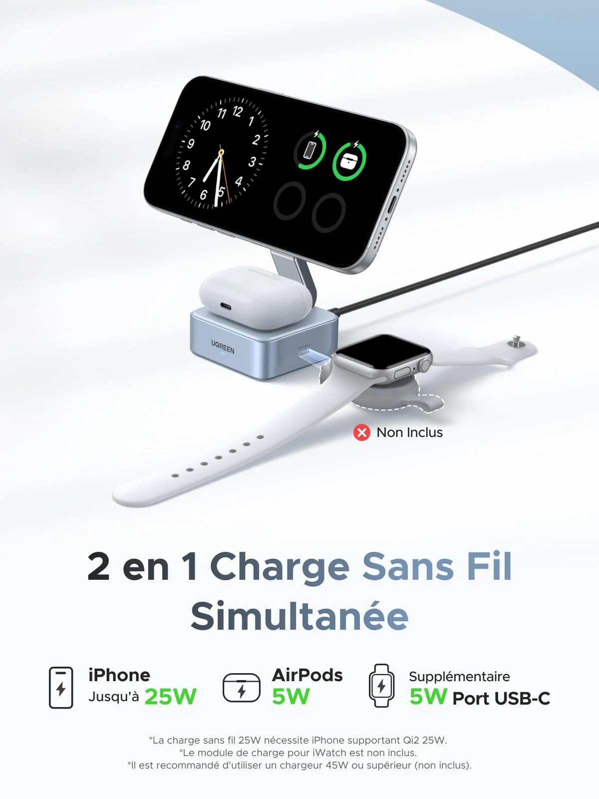 UGREEN MagFlow Chargeur sans fil magnétique 2-en-1 (Qi2 25 W, compatible MagSafe) - Image 3