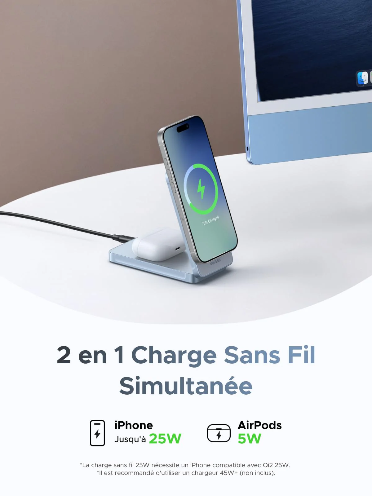 UGREEN MagFlow Chargeur Sans Fil Magnétique 2-en-1 30 W (Compatible MagSafe) - Image 3