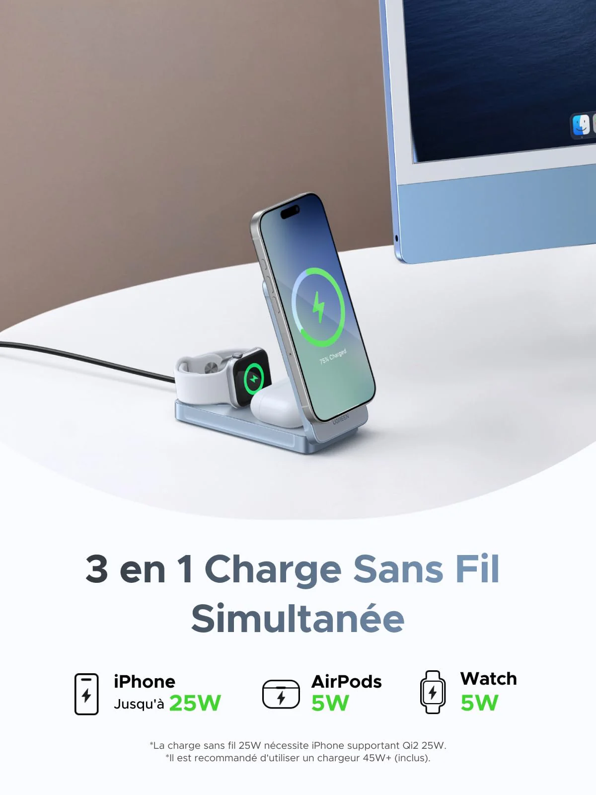 UGREEN MagFlow Chargeur sans fil magnétique 3-en-1 (Qi2 25 W, compatible MagSafe) - Image 3