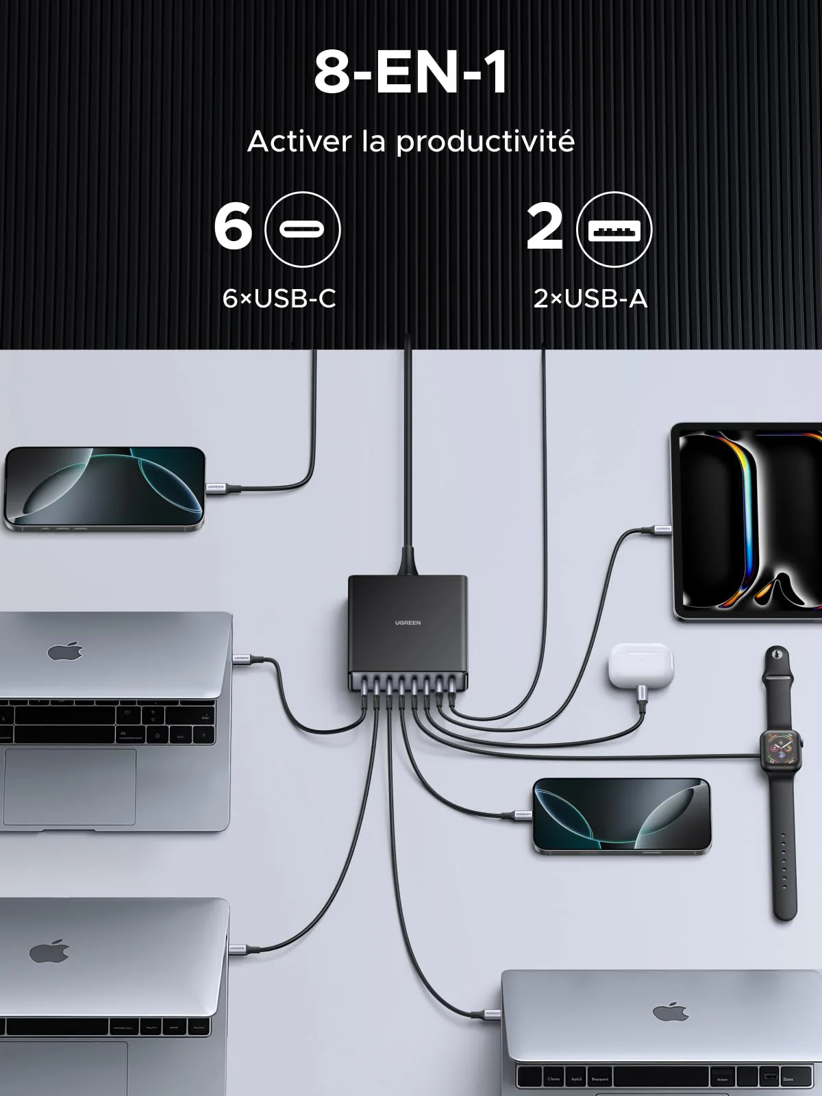 UGREEN Nexode 200W Chargeur rapide de bureau GaN 8 ports - Image 6