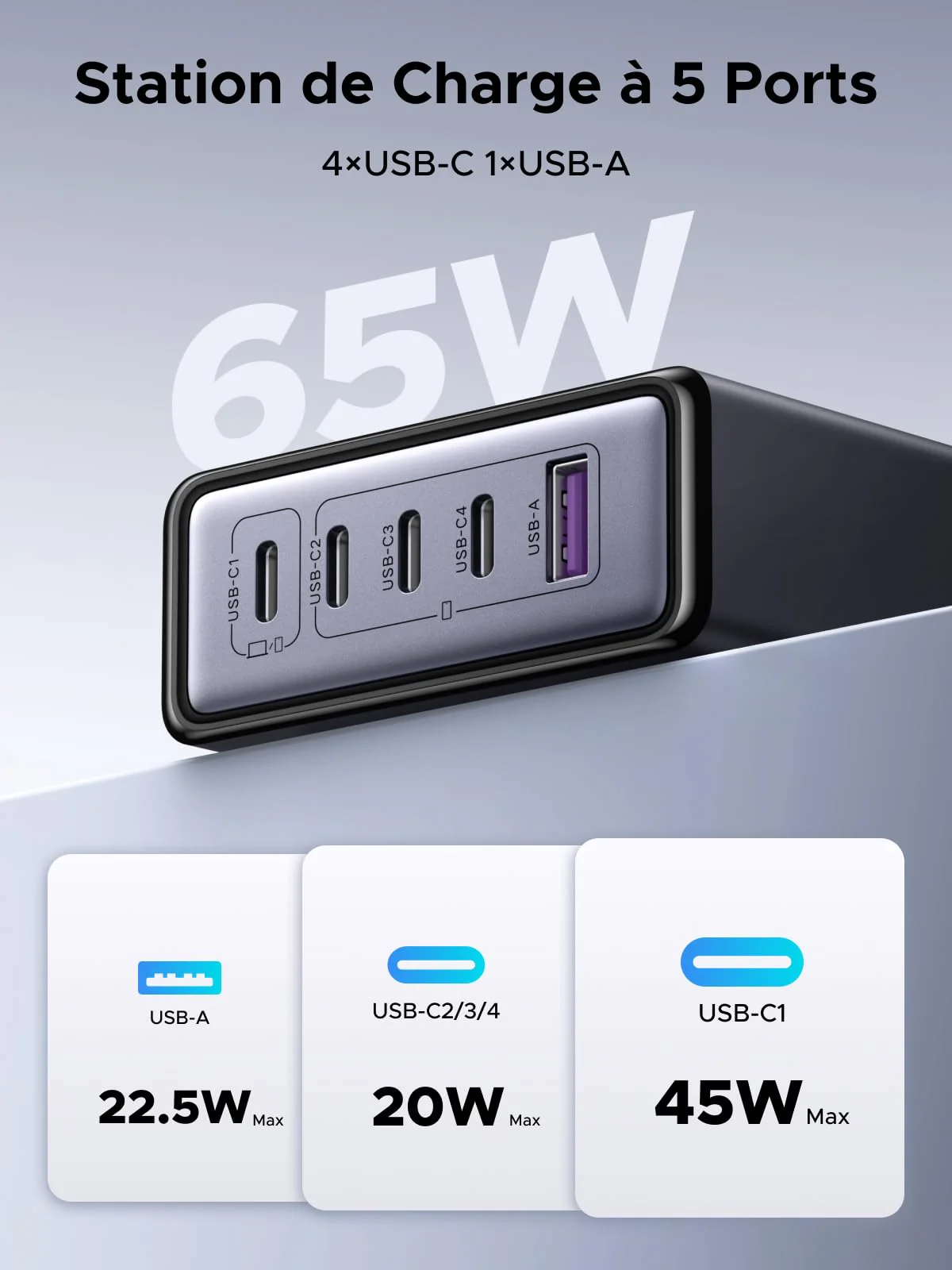 UGREEN Nexode 65W Chargeur rapide de bureau GaN 5 ports - Image 2