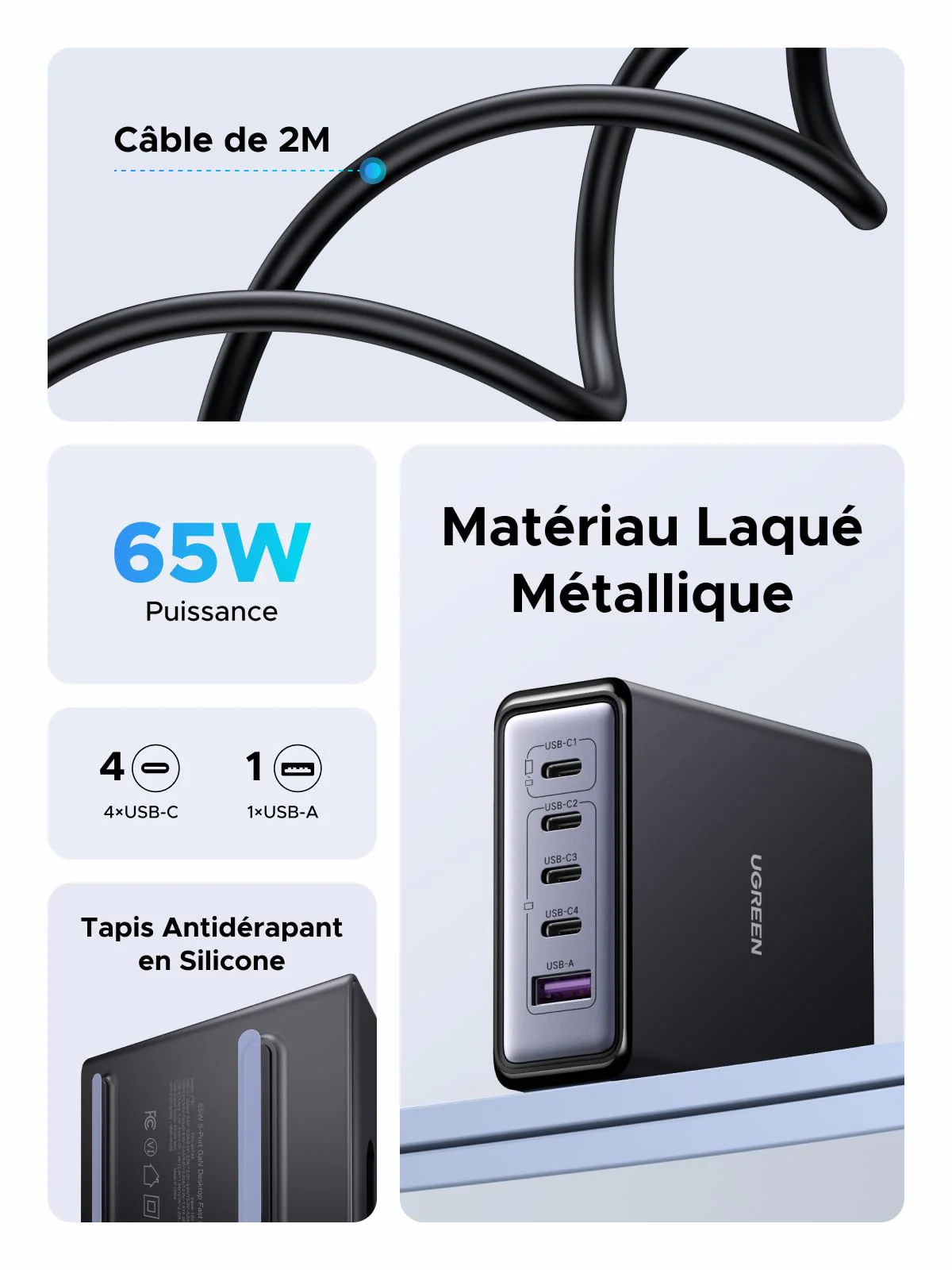 UGREEN Nexode 65W Chargeur rapide de bureau GaN 5 ports - Image 7