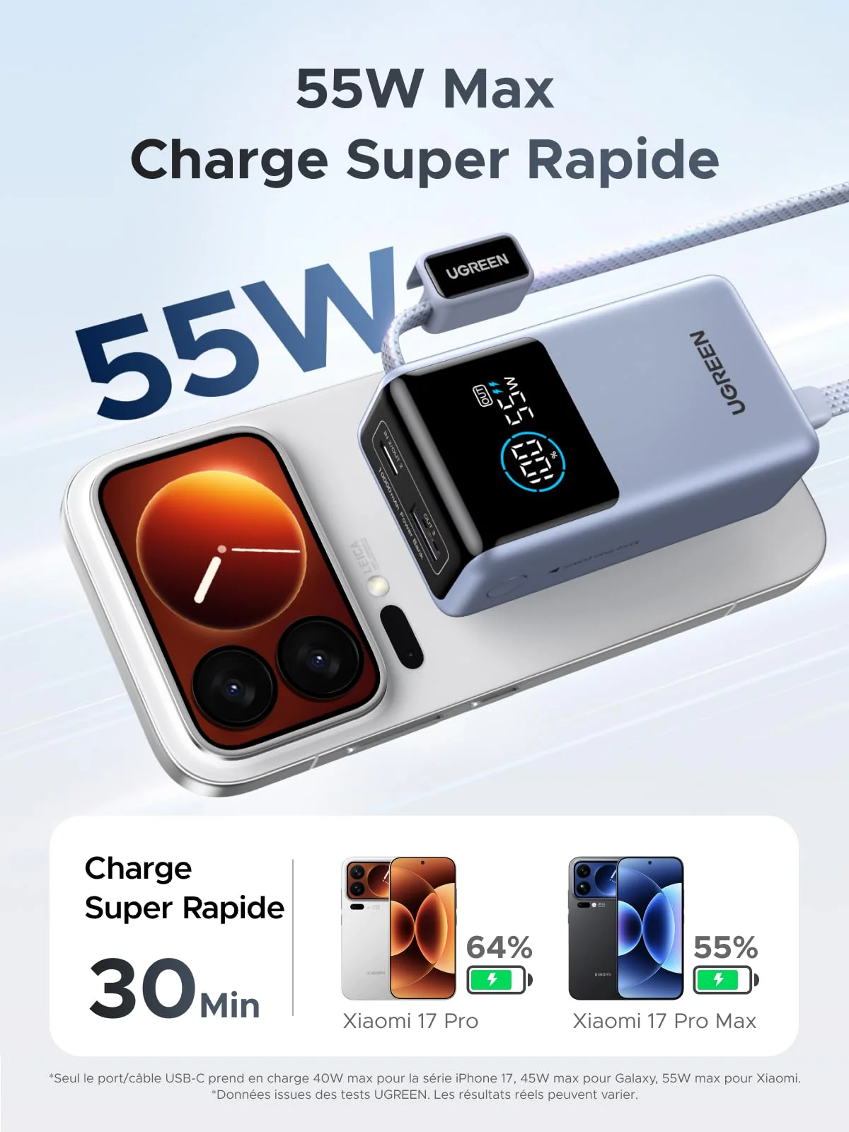 UGREEN Nexode Batterie Externe (10 000 mAh, 55 W, 3-en-1, Câble USB-C Intégré, Écran Numérique) - Image 2