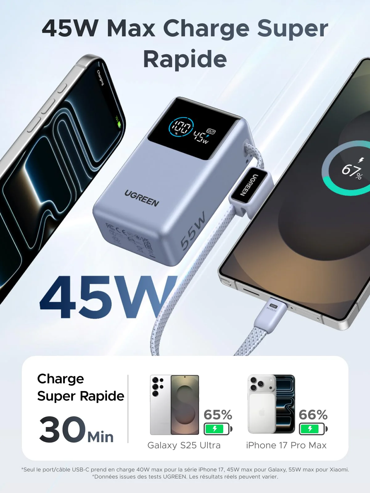 UGREEN Nexode Batterie Externe (10 000 mAh, 55 W, 3-en-1, Câble USB-C Intégré, Écran Numérique) - Image 3