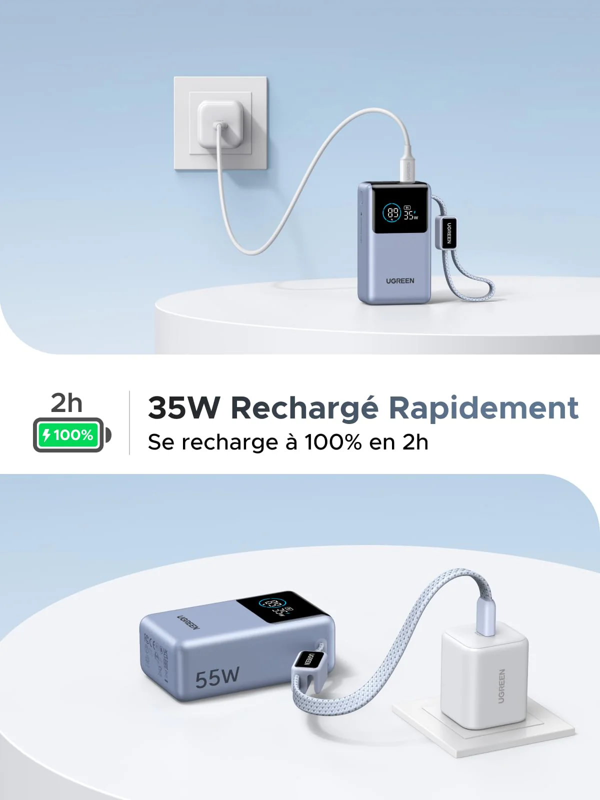 UGREEN Nexode Batterie Externe (10 000 mAh, 55 W, 3-en-1, Câble USB-C Intégré, Écran Numérique) - Image 4