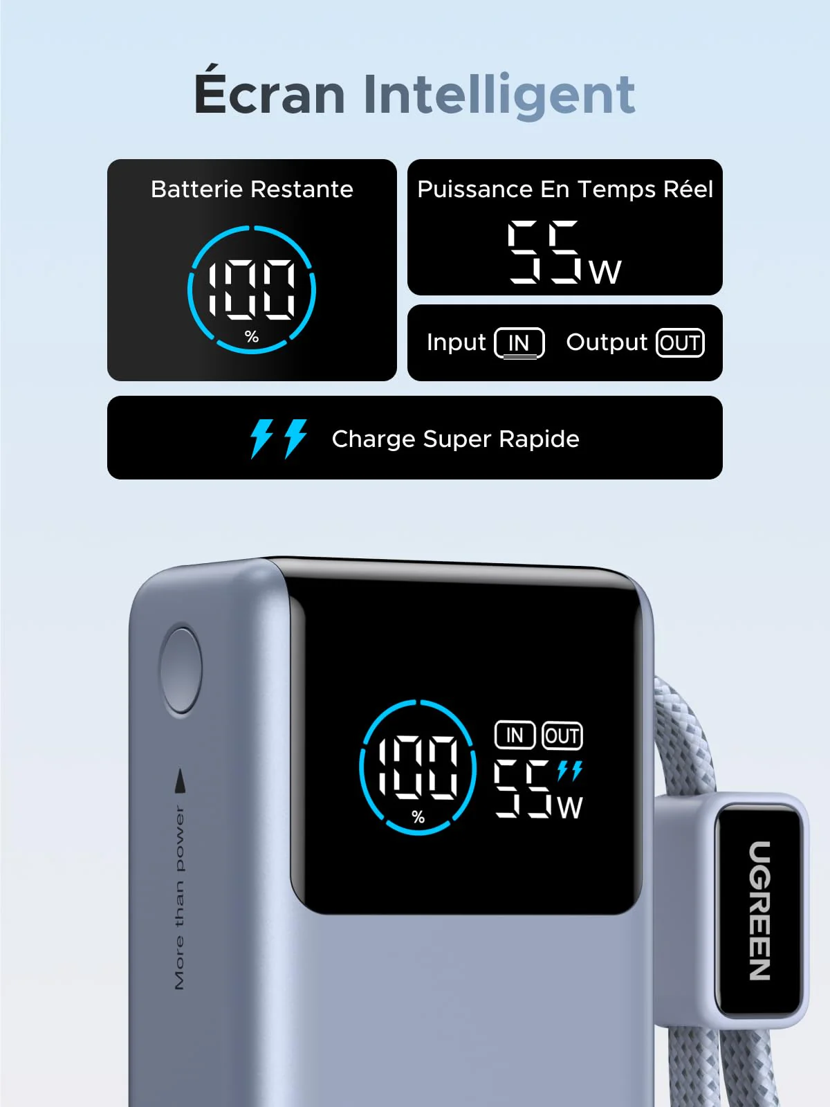 UGREEN Nexode Batterie Externe (10 000 mAh, 55 W, 3-en-1, Câble USB-C Intégré, Écran Numérique) - Image 8