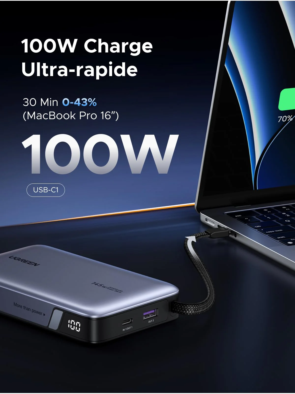 UGREEN Nexode Batterie Externe (20 000 mAh, 145 W, 3-en-1, Câble Intégré, Écran LED) - Image 3