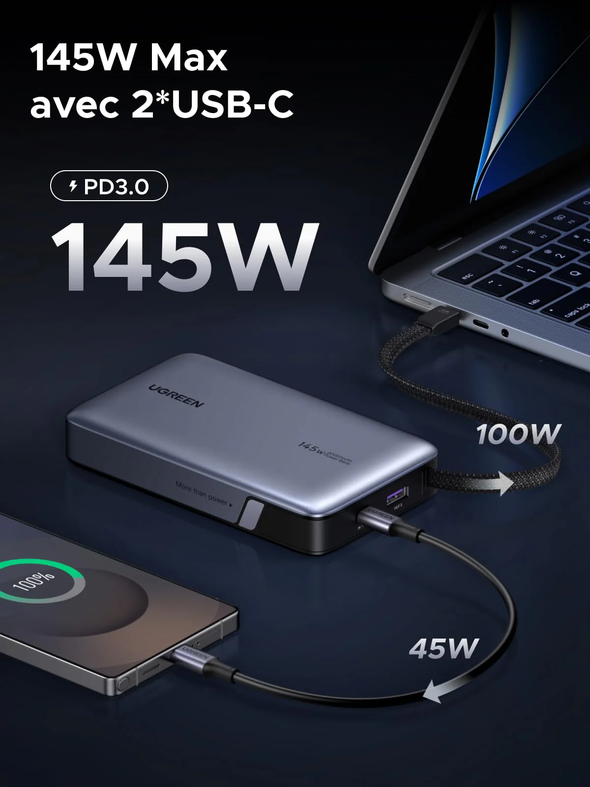 UGREEN Nexode Batterie Externe (20 000 mAh, 145 W, 3-en-1, Câble Intégré, Écran LED) - Image 4