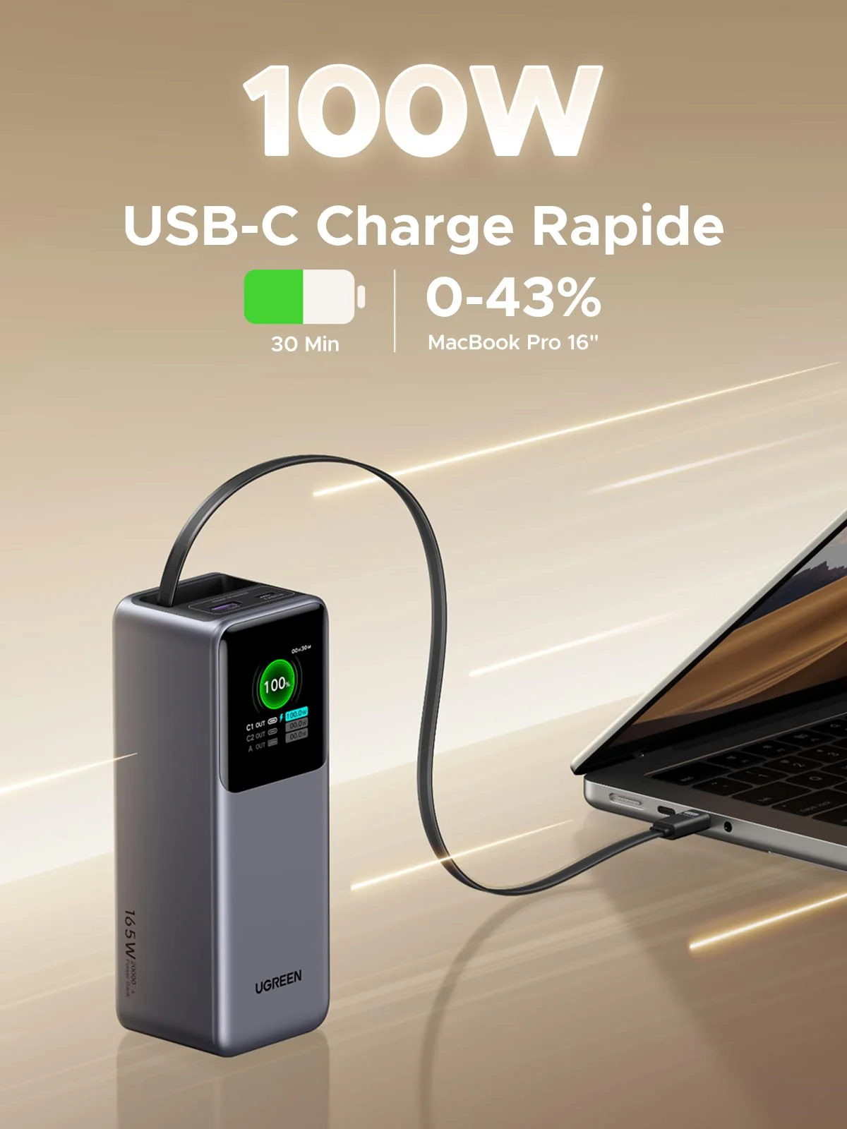 UGREEN Nexode Batterie externe 20000 mAh 165W avec câble USB-C rétractable - Image 2