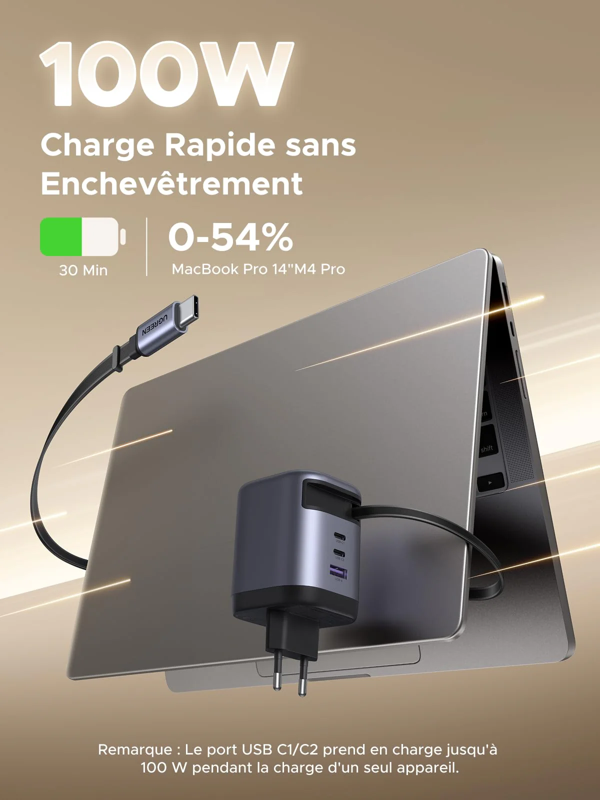 UGREEN Nexode Chargeur 100W avec câble USB-C rétractable - Image 2